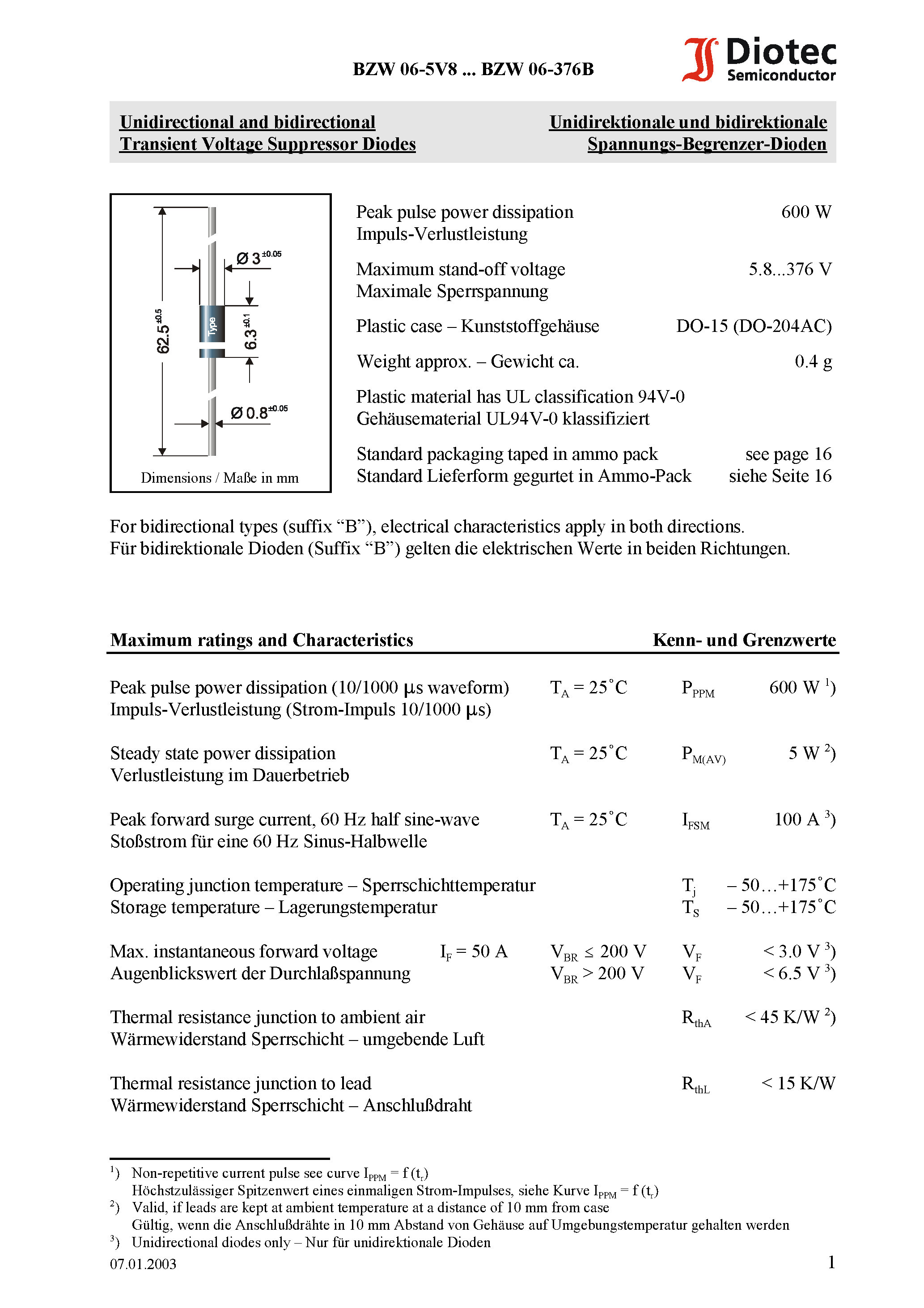 Datasheet BZW06-70 - Unidirectional and bidirectional Transient Voltage Suppressor Diodes page 1