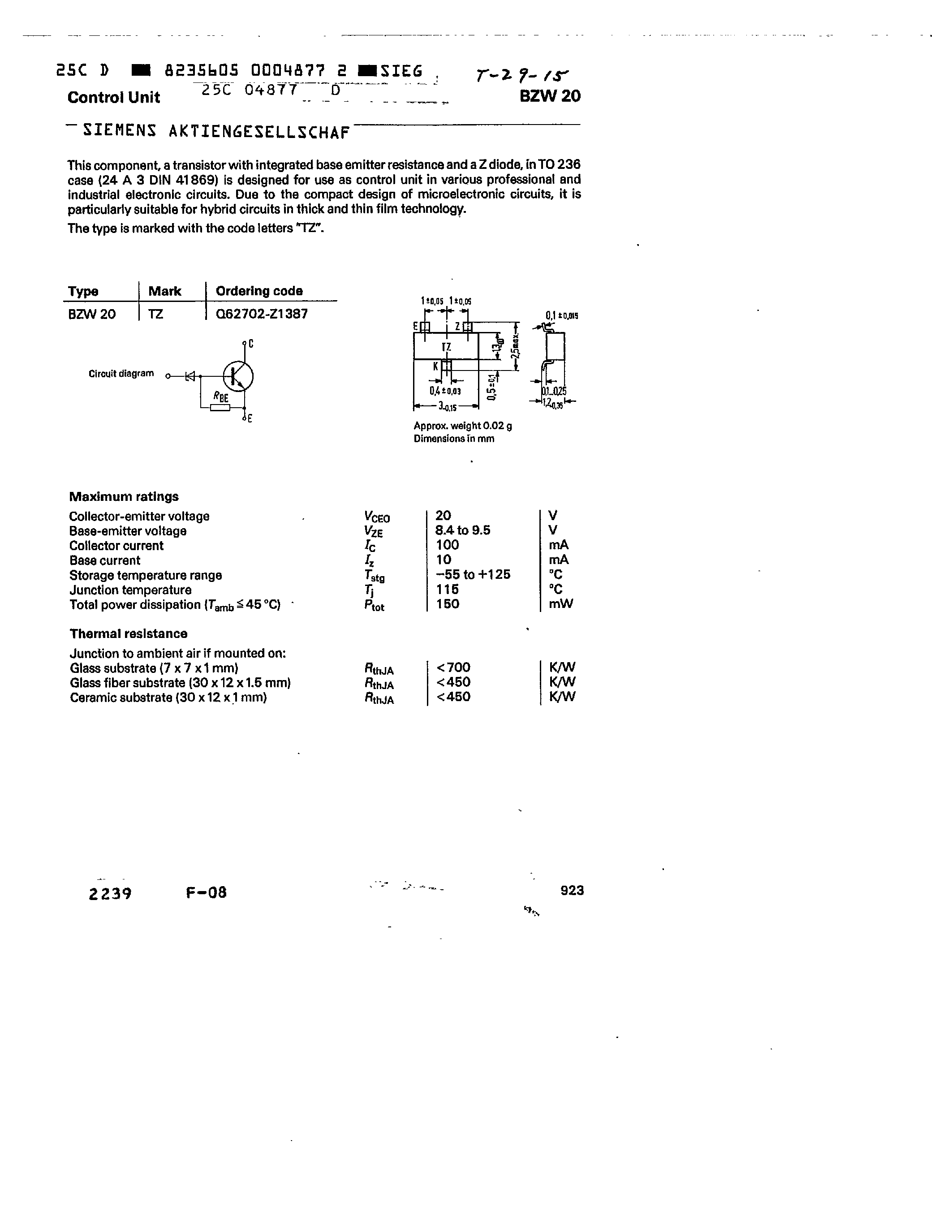 Datasheet BZW20 - control unit page 1