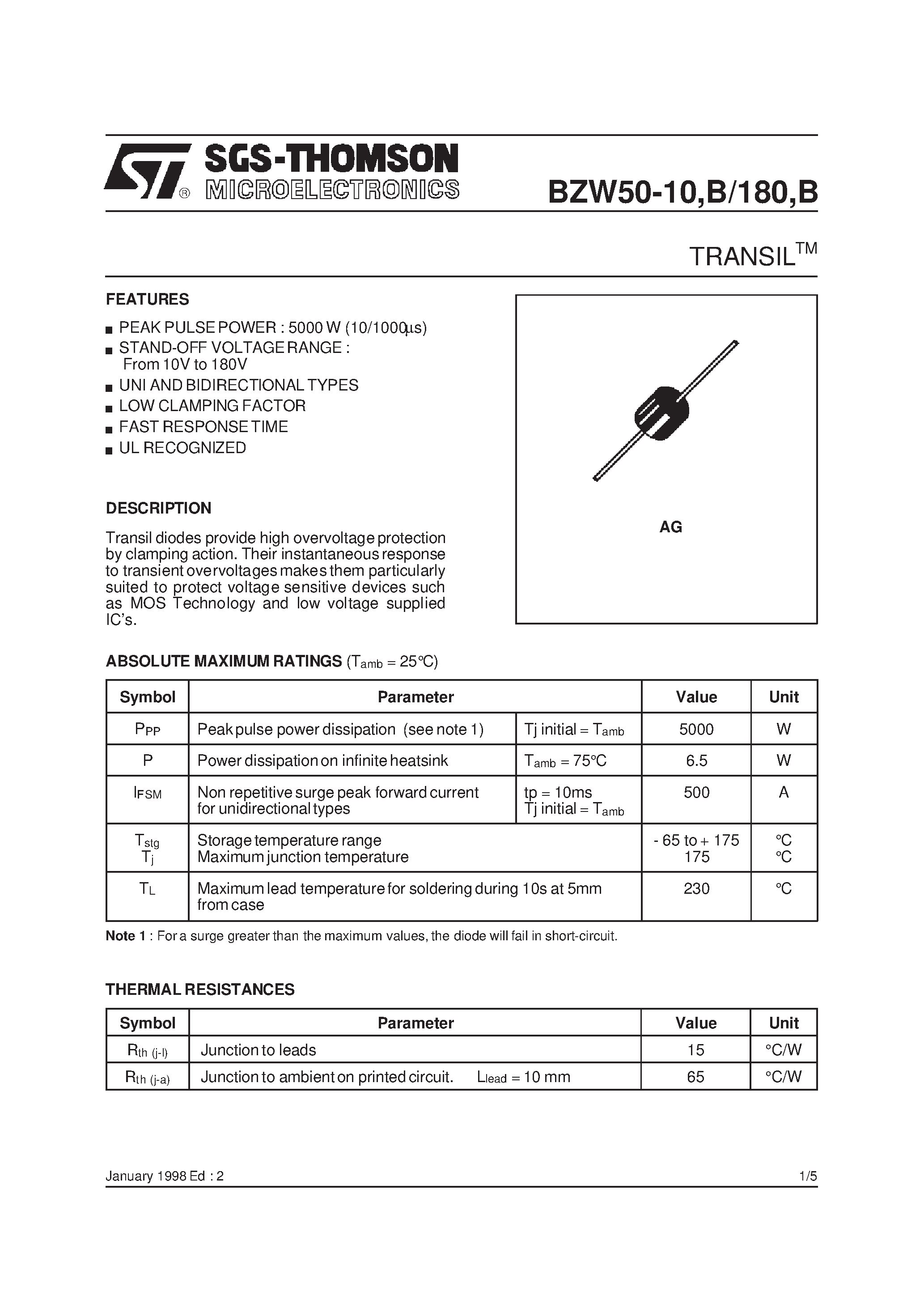 Datasheet BZW50-47 page 1 Datasheet BZW50-47 - TRANSILTM page 1