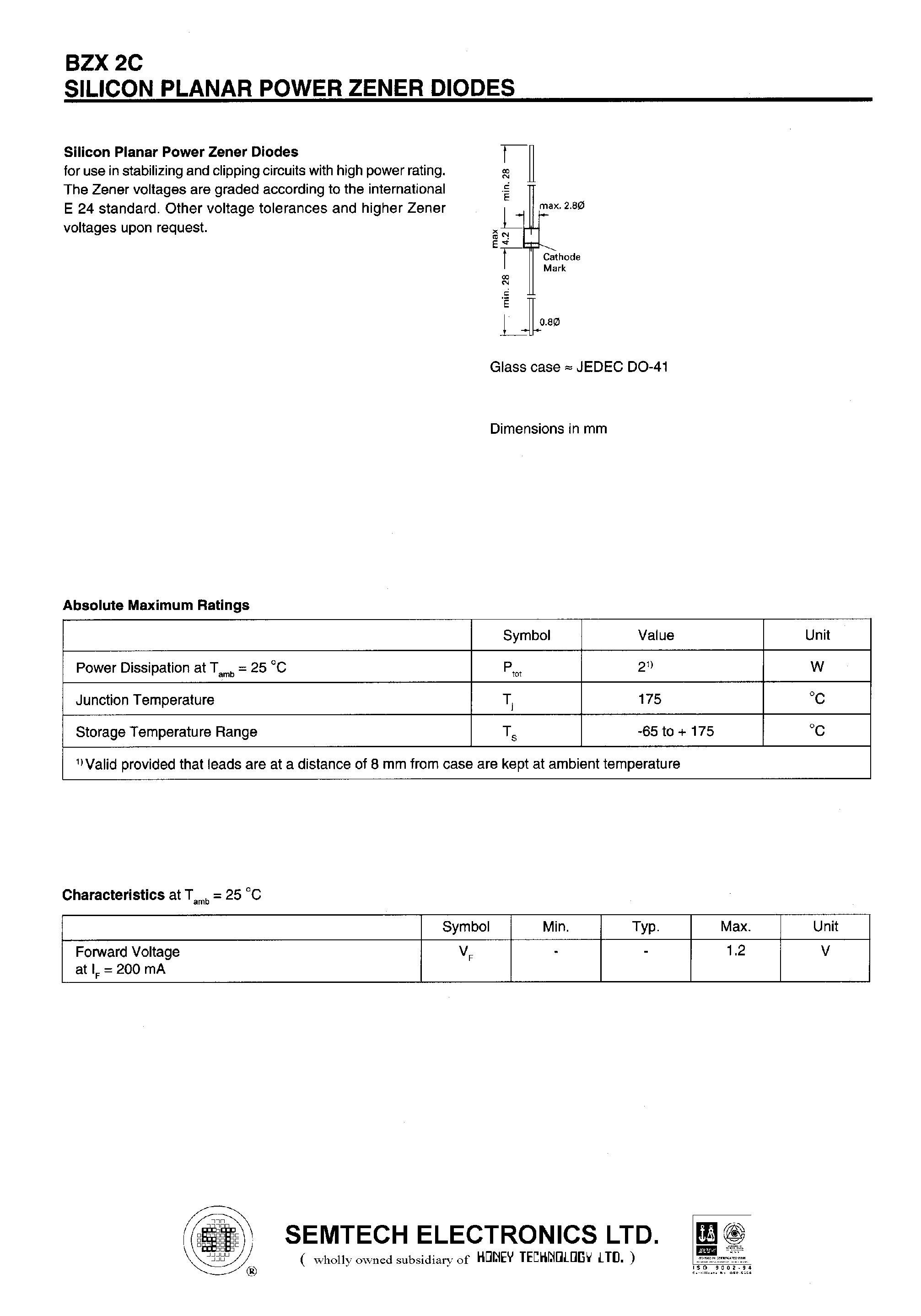 Datasheet BZX2C4V7 - SILICON PLANAR POWER ZENER DIODES page 1