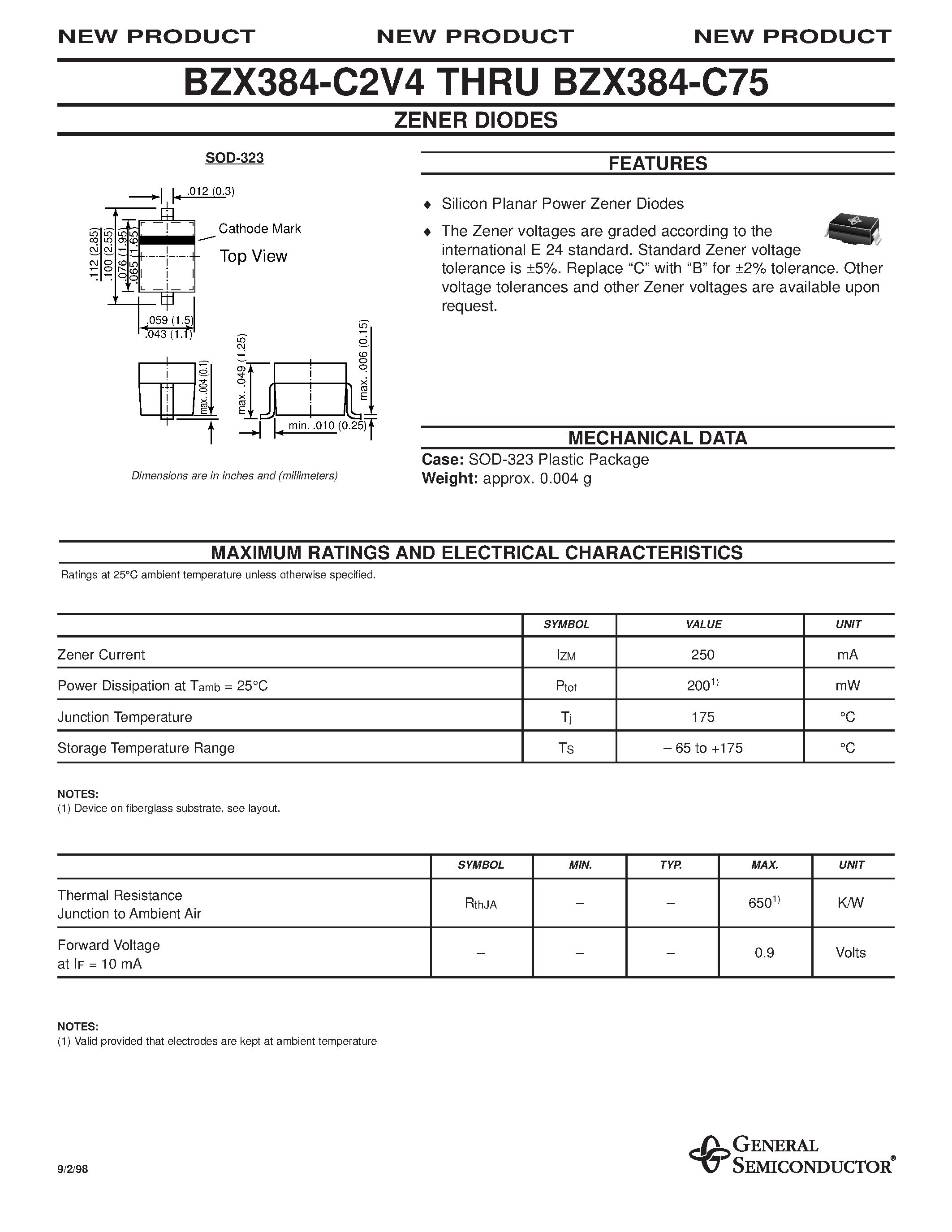 Datasheet BZX384-B9V1 page 1 Datasheet BZX384-B9V1 - BZX384 page 1