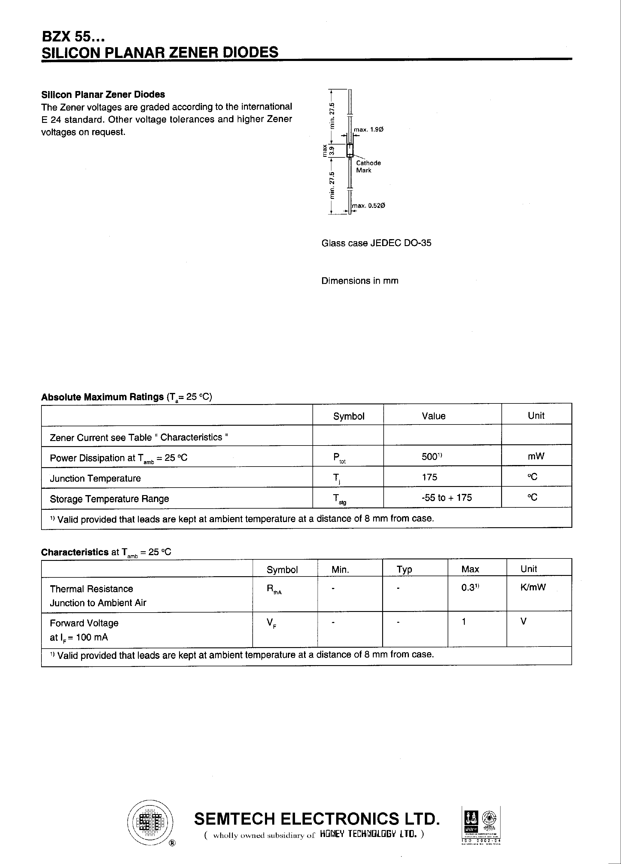 Datasheet BZX55/C82 - SILICON PLANAR ZENER DIODES page 1