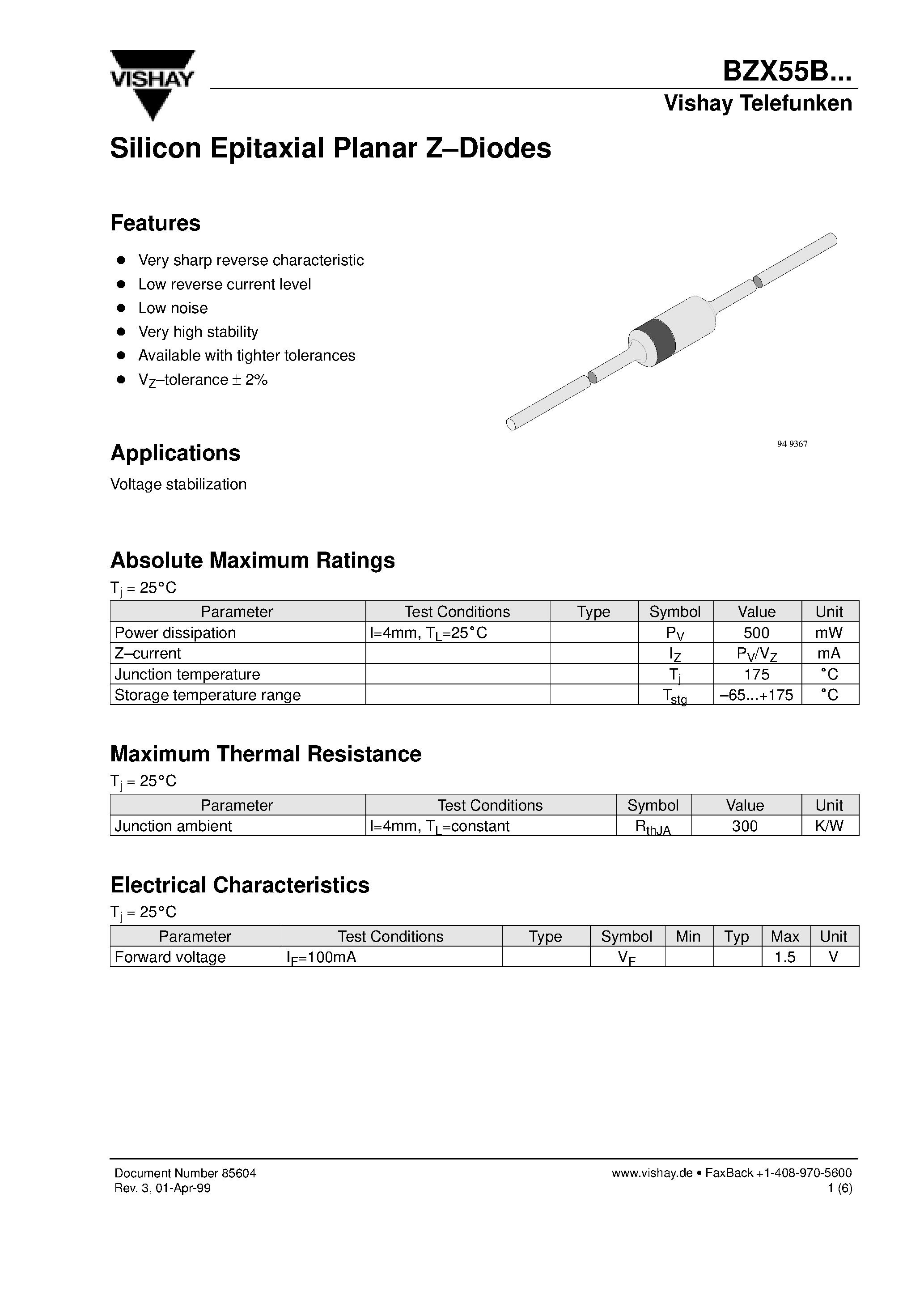 Даташит BZX55B5V6 - Silicon Epitaxial Planar Z-Diodes страница 1