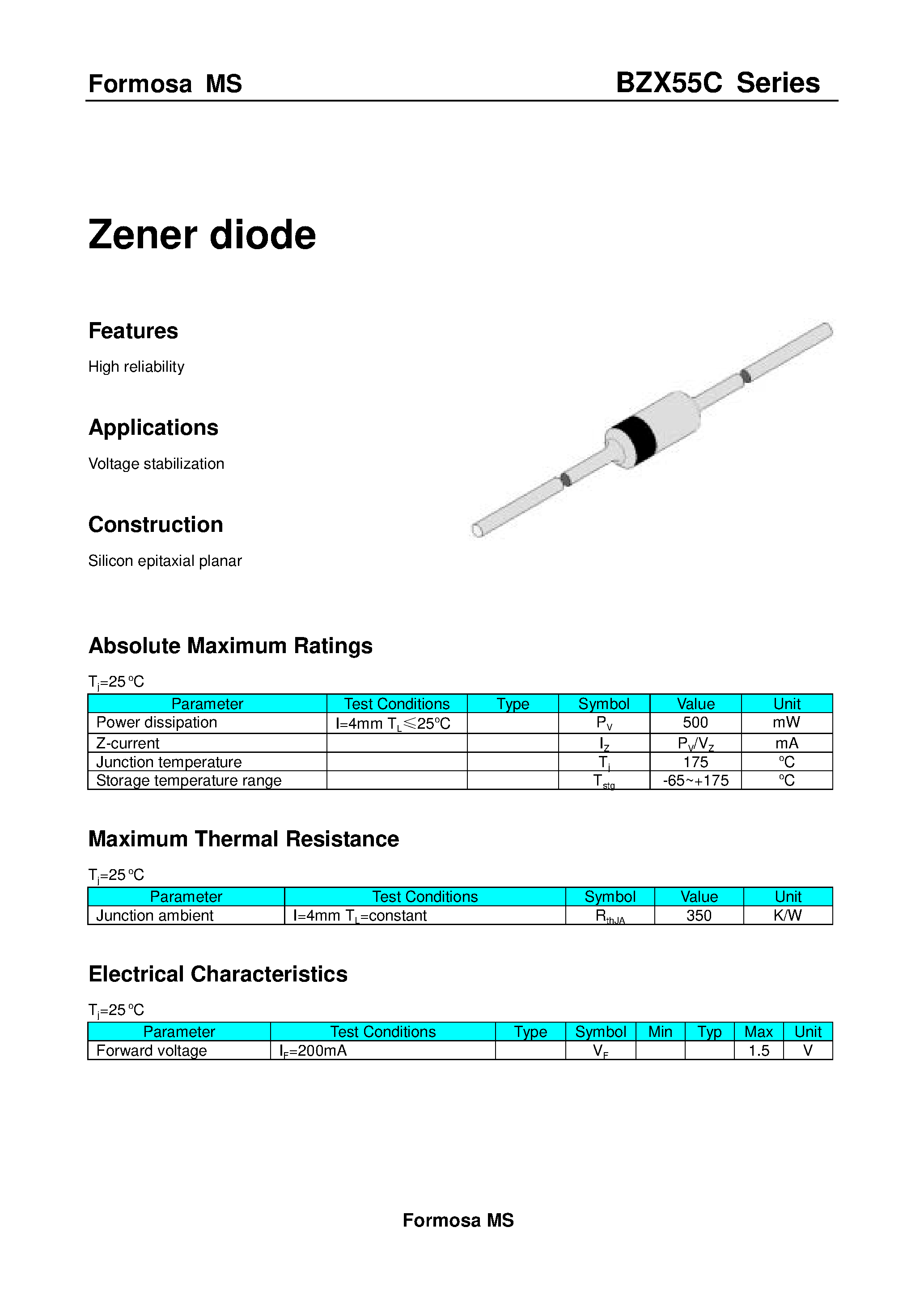 Datasheet BZX55C - Zener diode page 1