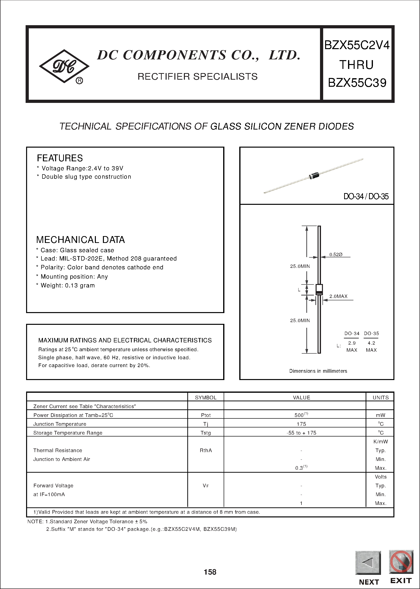 Datasheet BZX55C13 - TECHNICAL SPECIFICATIONS OF GLASS SILICON ZENER DIODES page 1