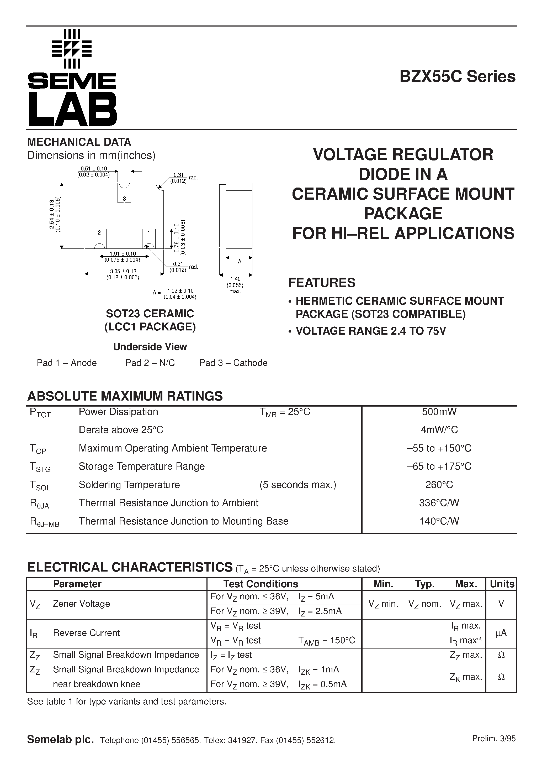 Datasheet BZX55C3V9 - VOLTAGE REGULATOR DIODE IN A CERAMIC SURFACE MOUNT PACKAGE FOR HI.REL APPLICATIONS page 1
