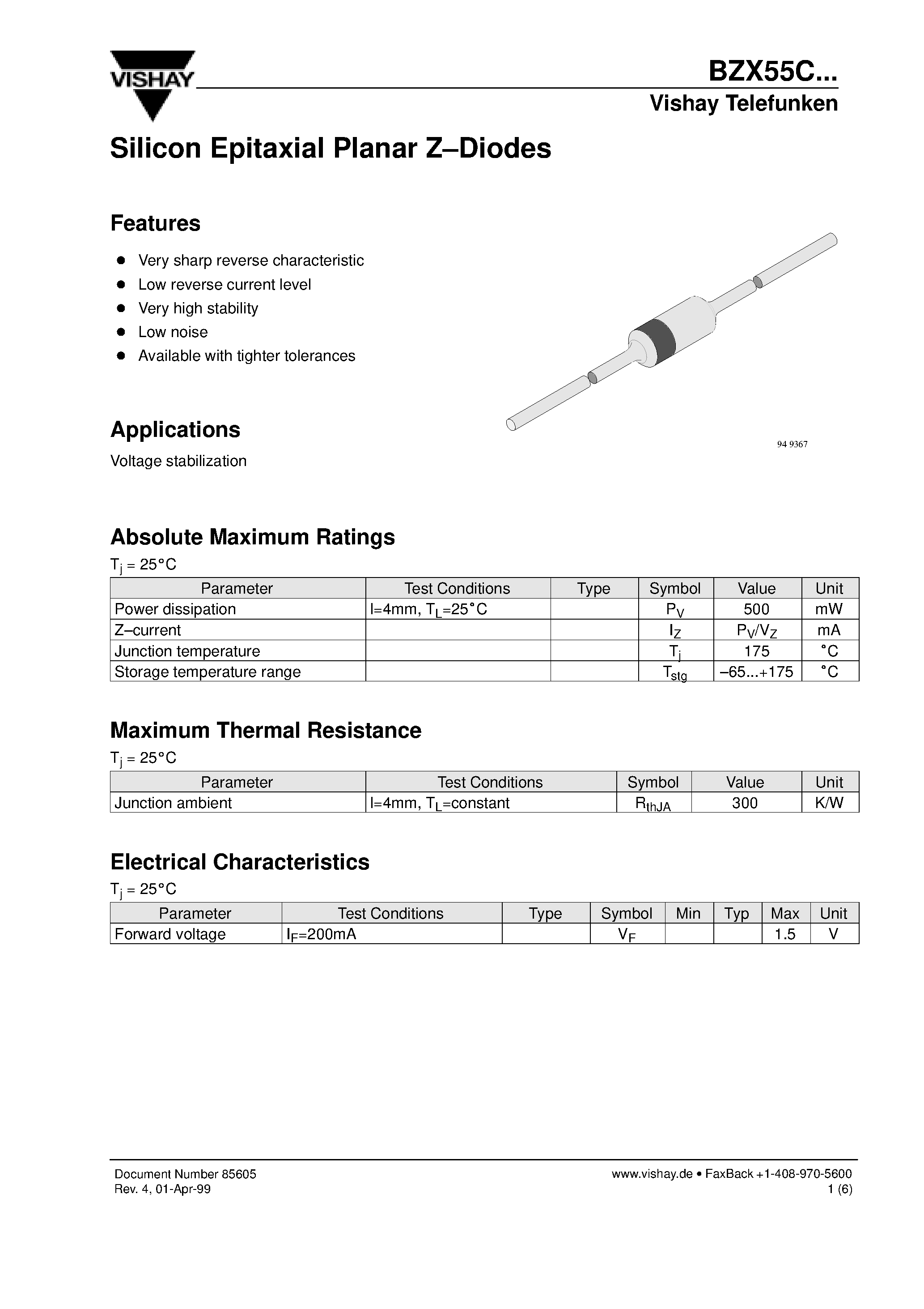 Datasheet BZX55C6V2 - Silicon Epitaxial Planar Z-Diodes page 1