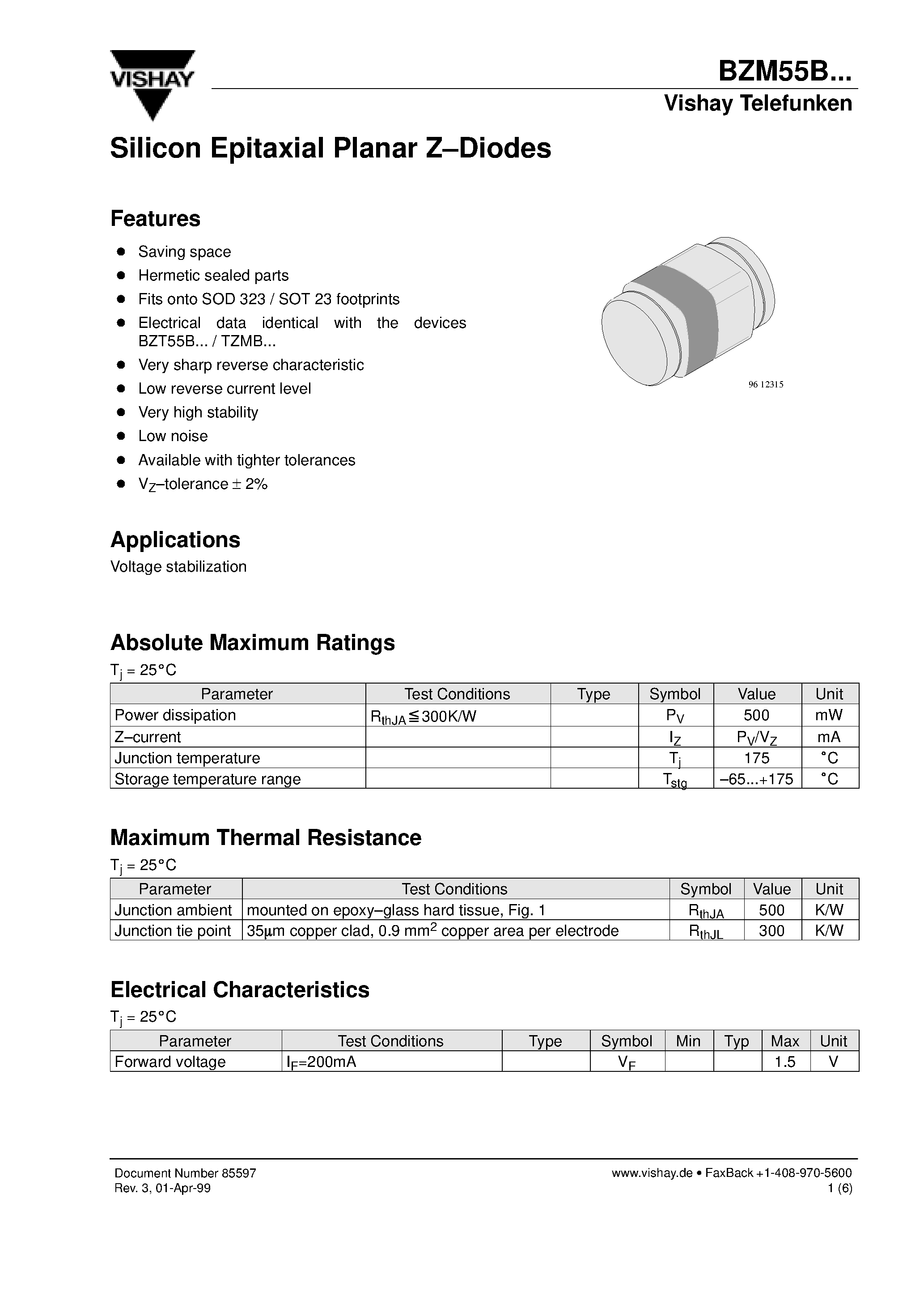 Datasheet BZM55B3V0 page 1 Datasheet BZM55B3V0 - Silicon Epitaxial Planar Z-Diodes page 1