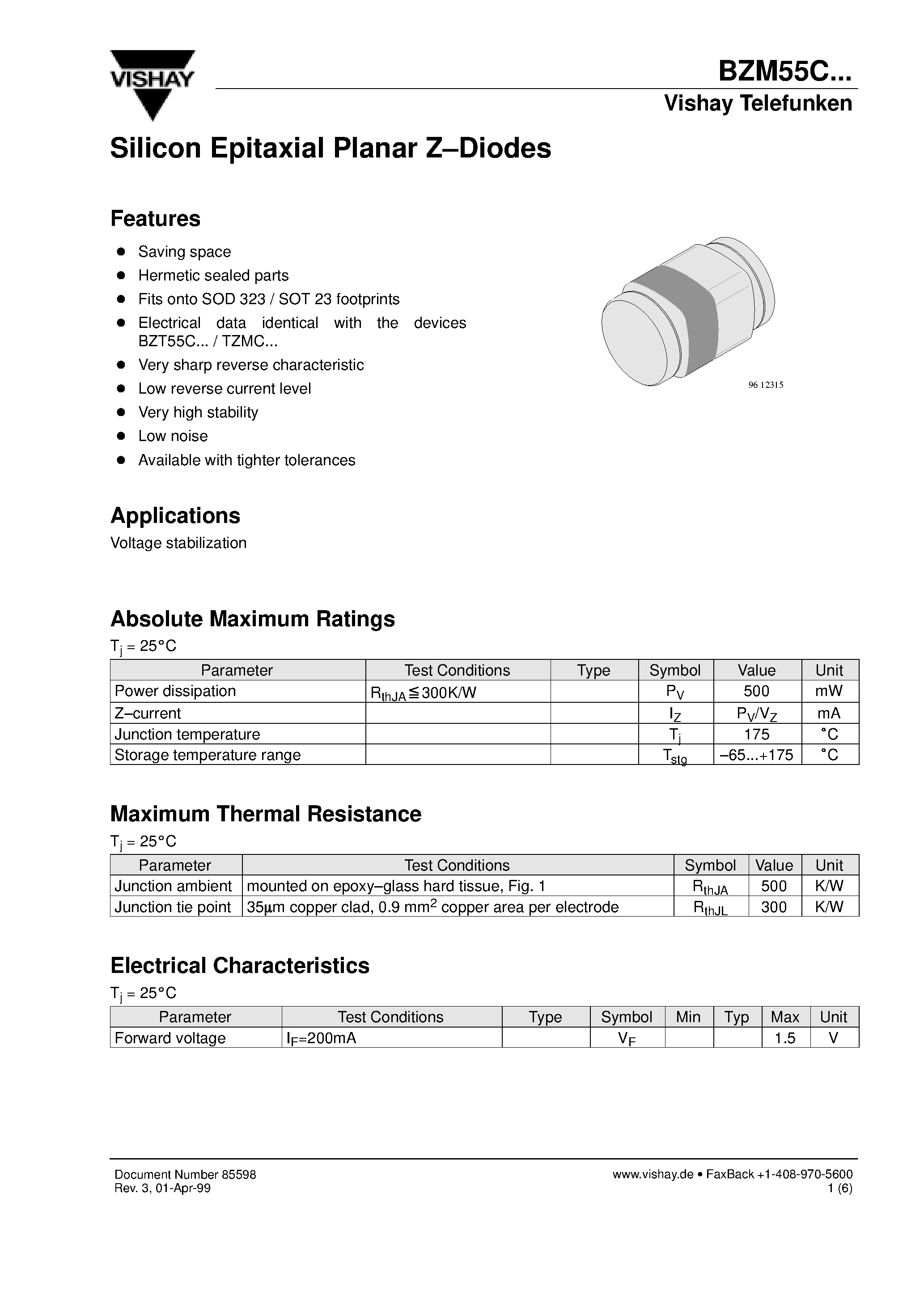 Datasheet BZM55C22 page 1 Datasheet BZM55C22 - Silicon Epitaxial Planar Z-Diodes page 1