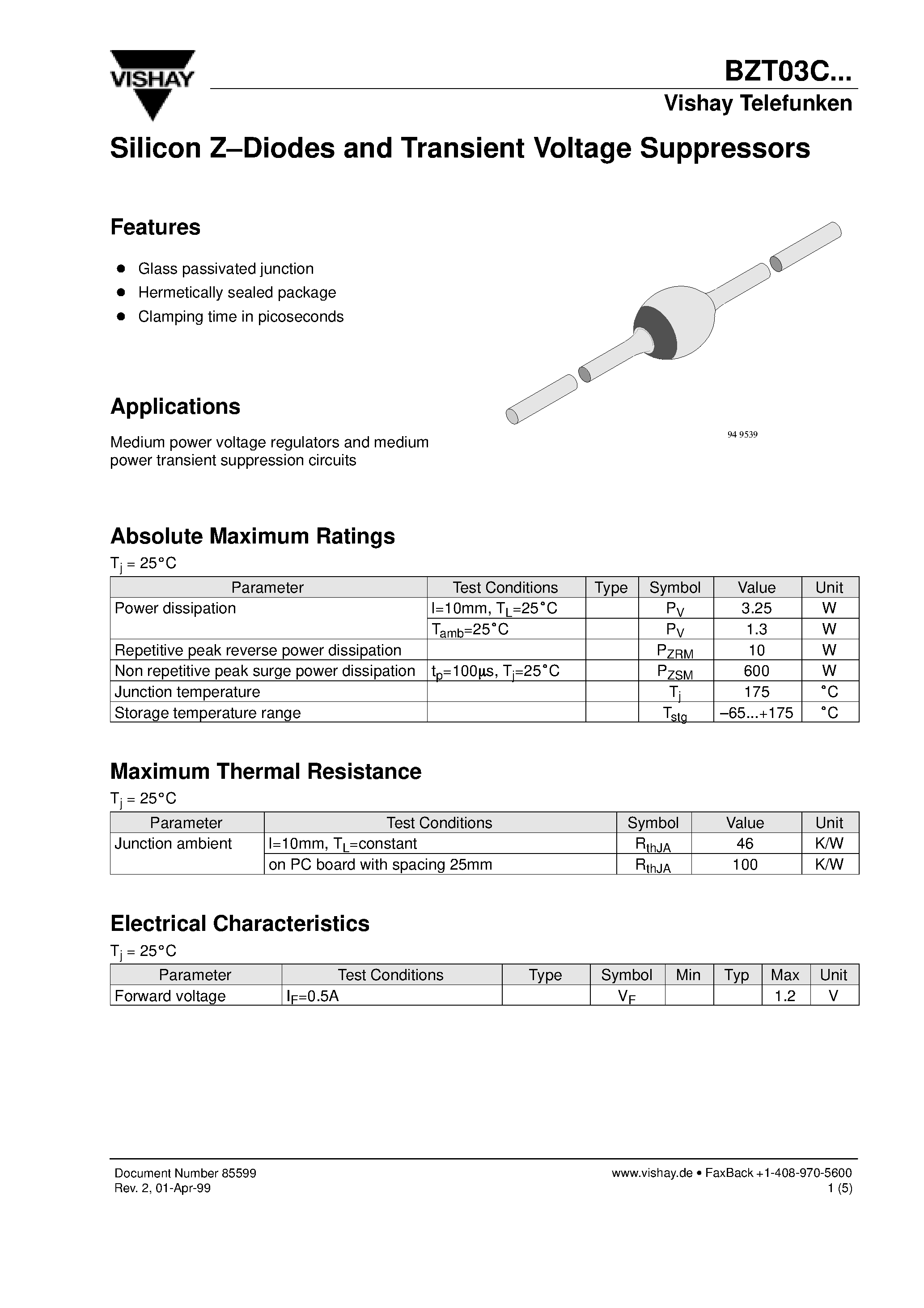 Datasheet BZT03C8V2 page 1 Datasheet BZT03C8V2 - Silicon Z-Diodes and Transient Voltage Suppressors page 1