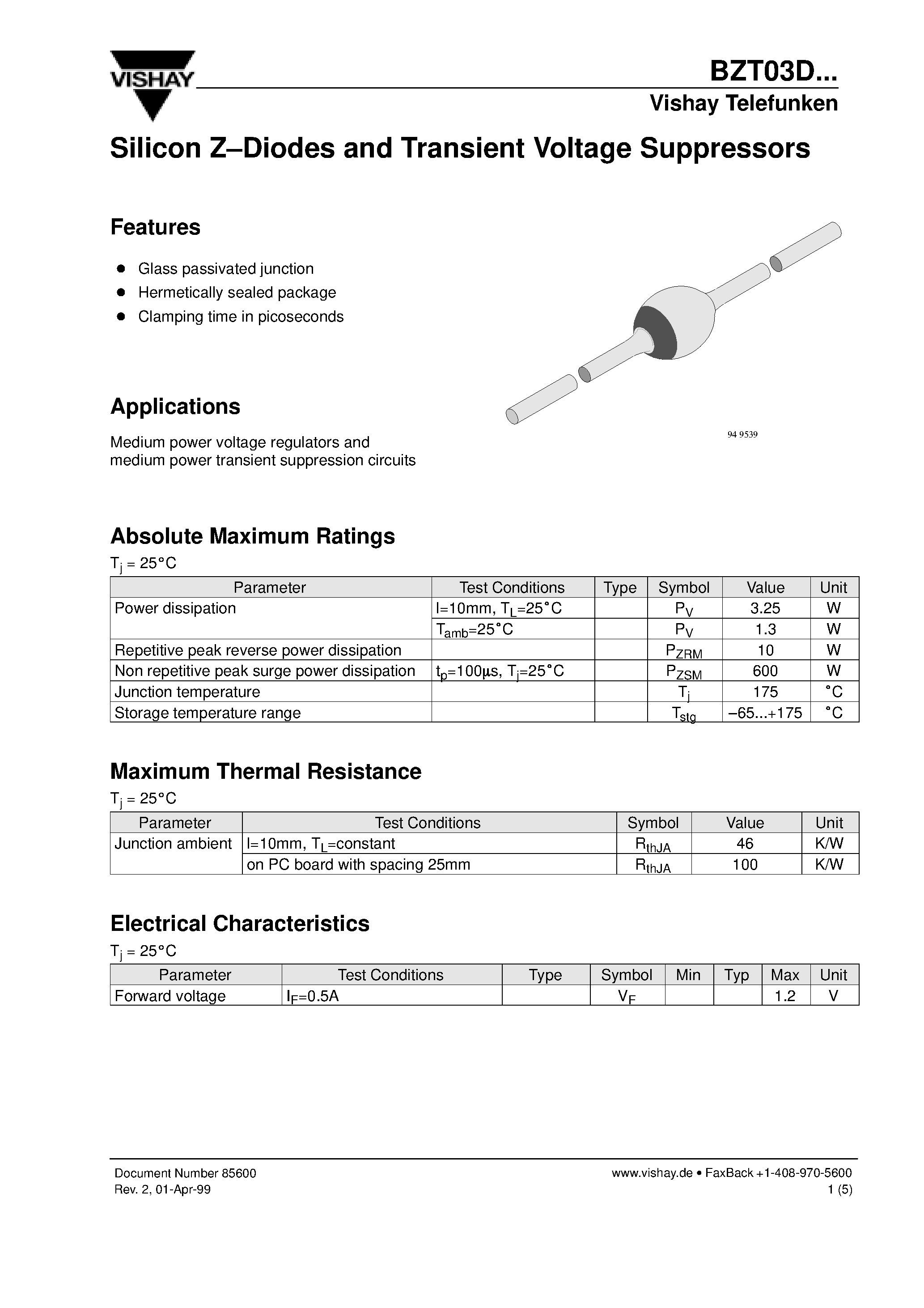 Datasheet BZT03D6V2 page 1 Datasheet BZT03D6V2 - Silicon Z-Diodes and Transient Voltage Suppressors page 1