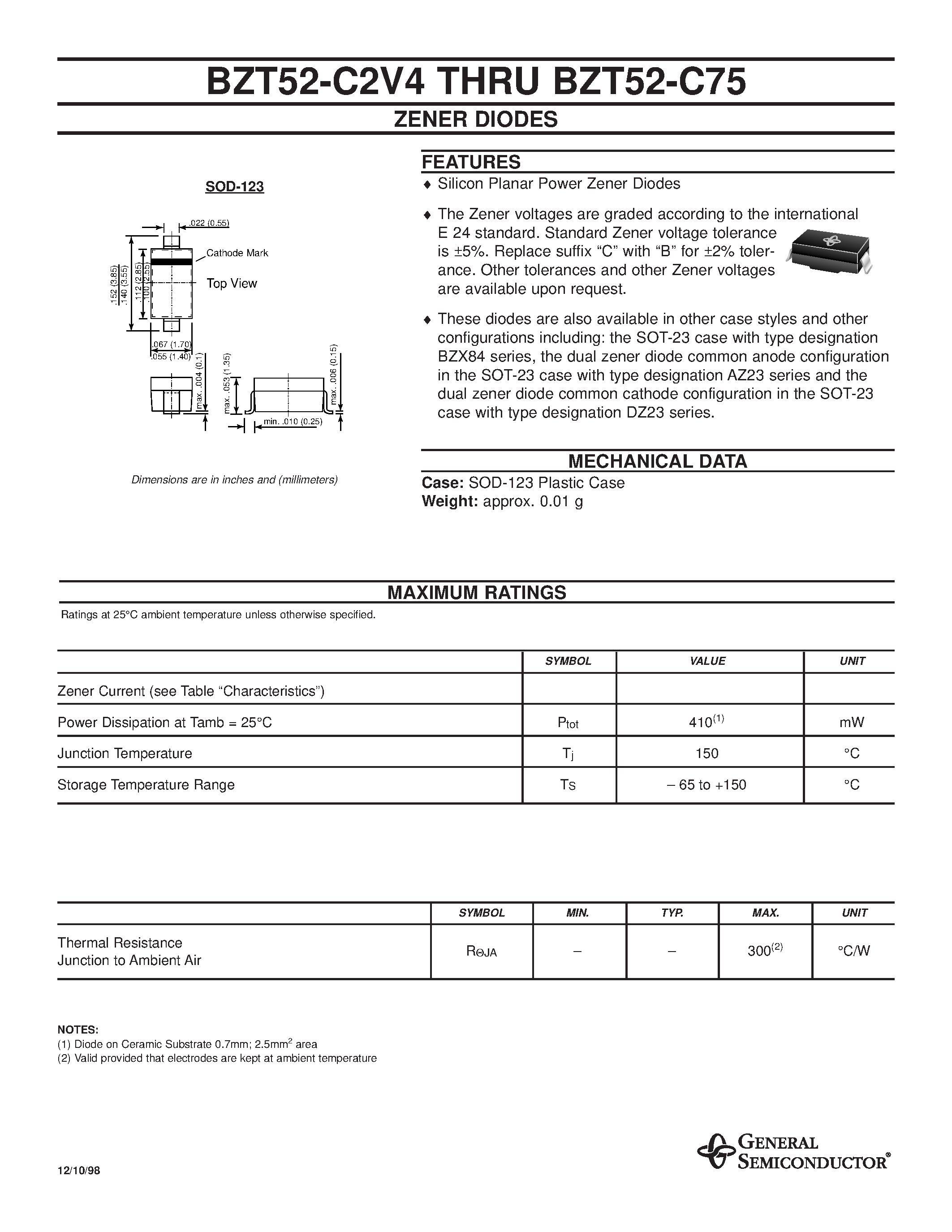 Datasheet BZT52-C13 page 1 Datasheet BZT52-C13 - ZENER DIODES page 1