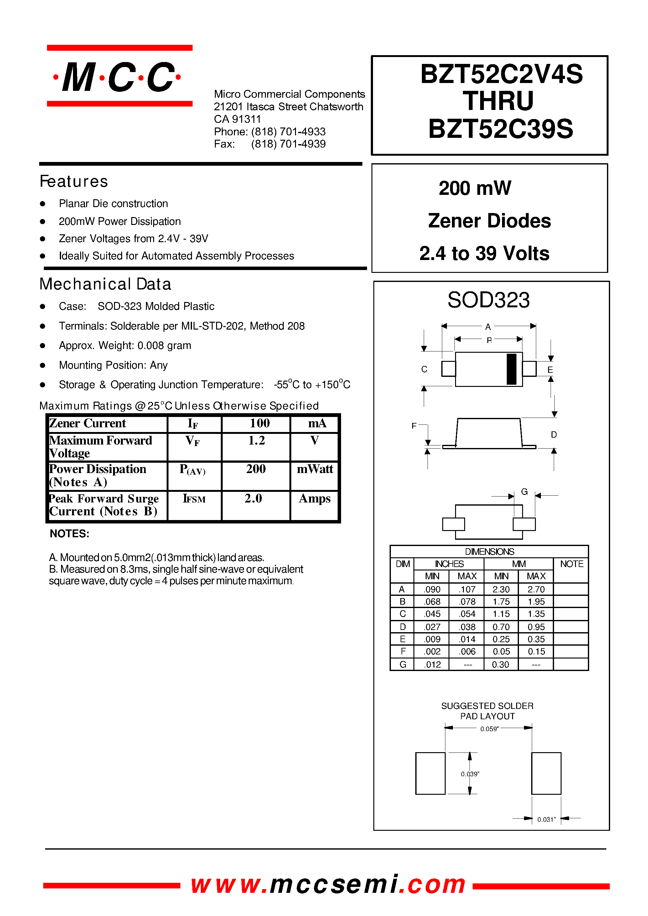 Datasheet BZT52C11S - 200 mW Zener Diodes 2.4 to 39 Volts page 1