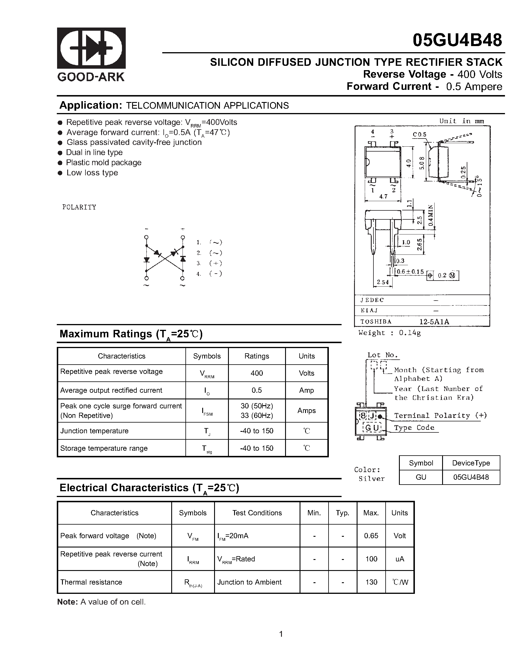 Datasheet 05GU4B48 - SILICON DIFFUSED JUNCTION TYPE RECTIFIER STACK page 1