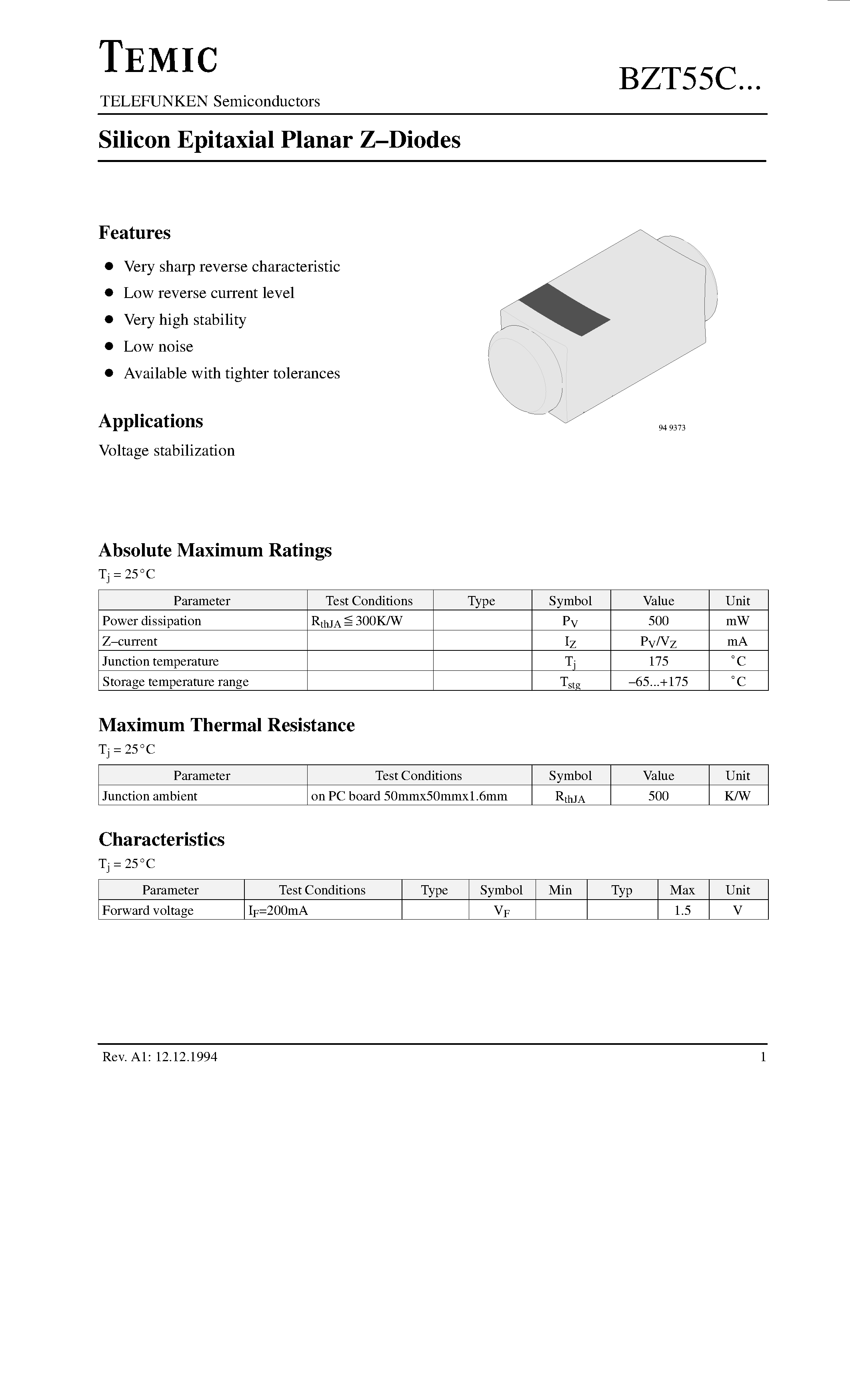 Datasheet BZT55C3V6 - Silicon Epitaxial Planar Z-Diodes page 1