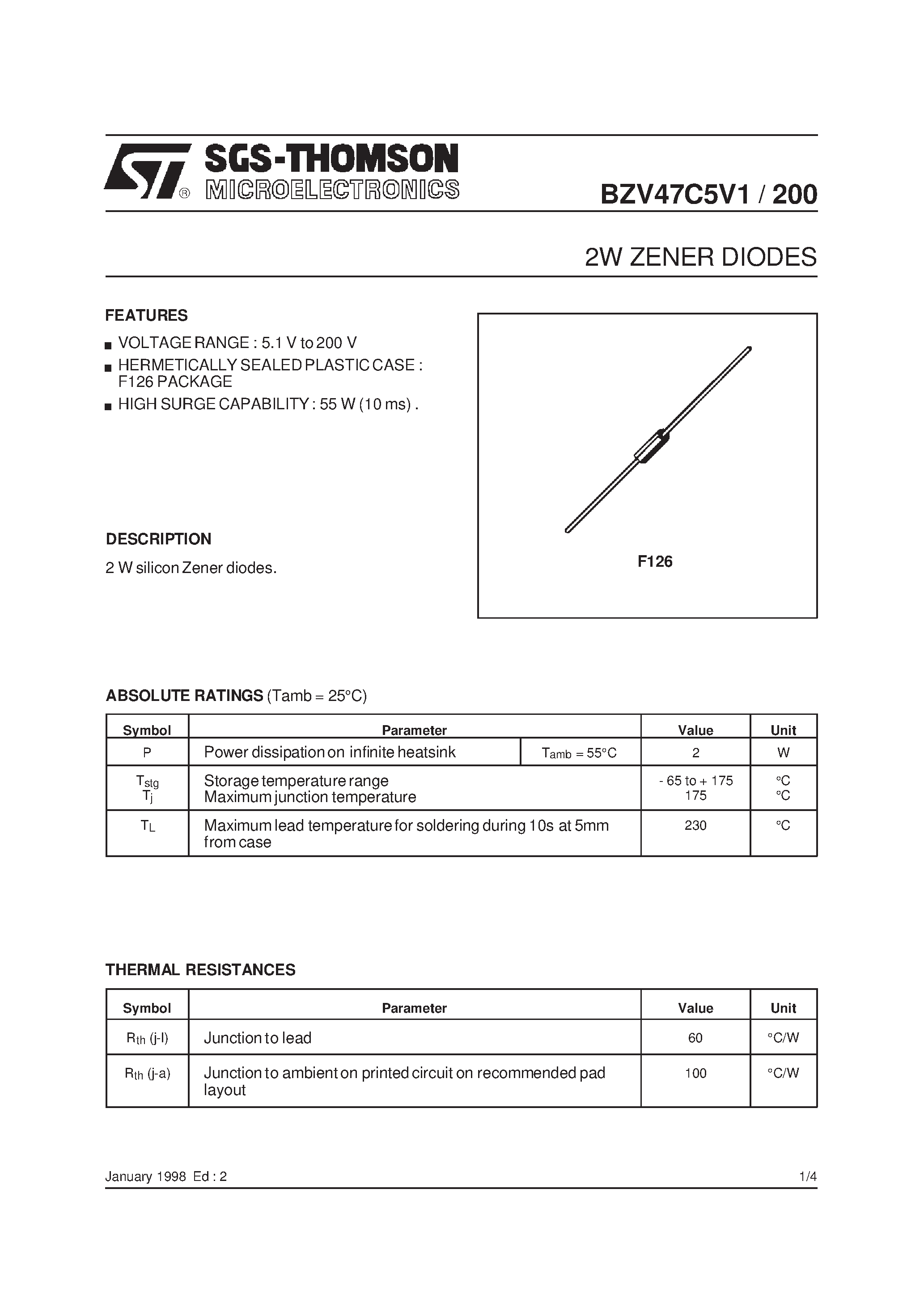 Даташит BZV47C39 - 2W ZENER DIODES страница 1