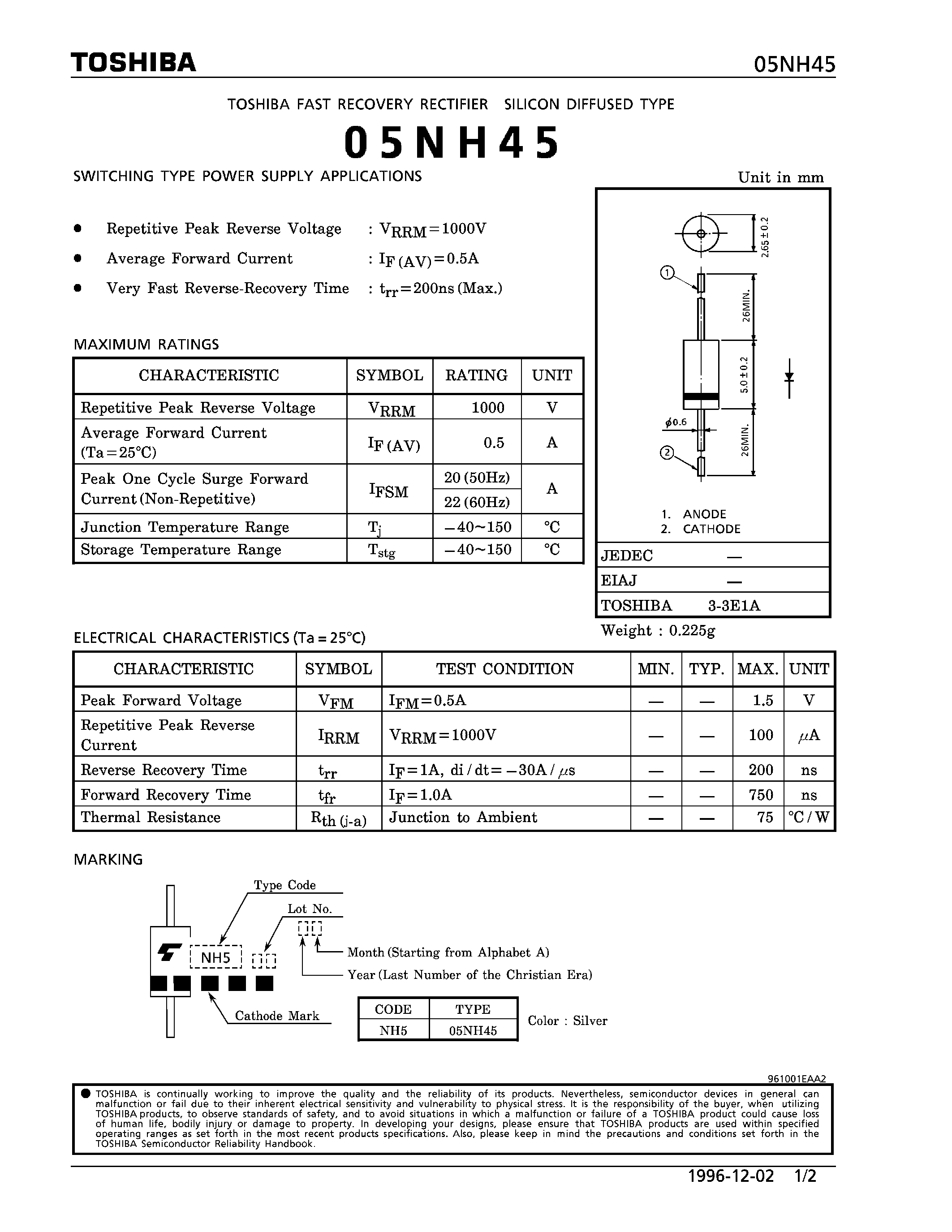 Даташит на микросхему 05NH45 страница 1 Даташит 05NH45 - FAST RECOVERY (SWITCHING TYPE POWER SUPPLY APPLICTIONS) страница 1