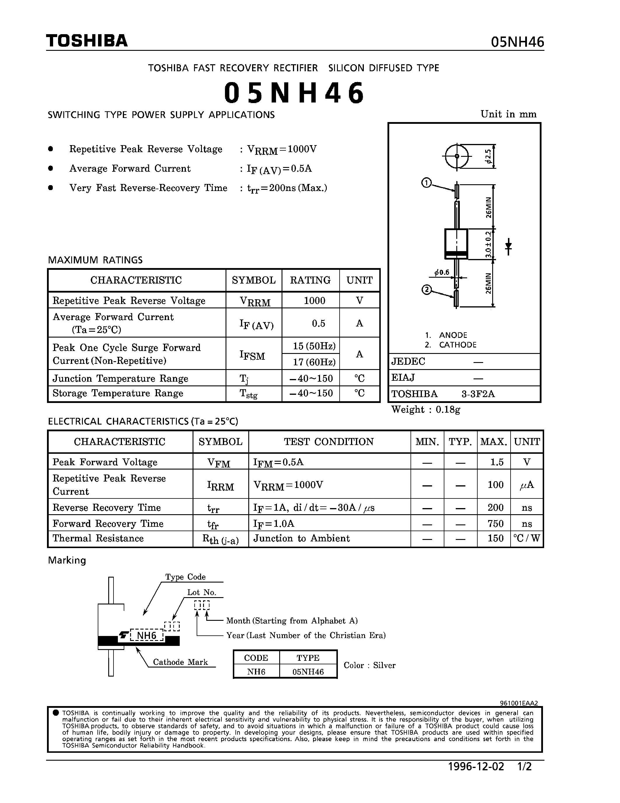 Даташит на микросхему 05NH46 страница 1 Даташит 05NH46 - FAST RECOVERY (SWITCHING TYPE POWER SUPPLY APPLICATIONS) страница 1
