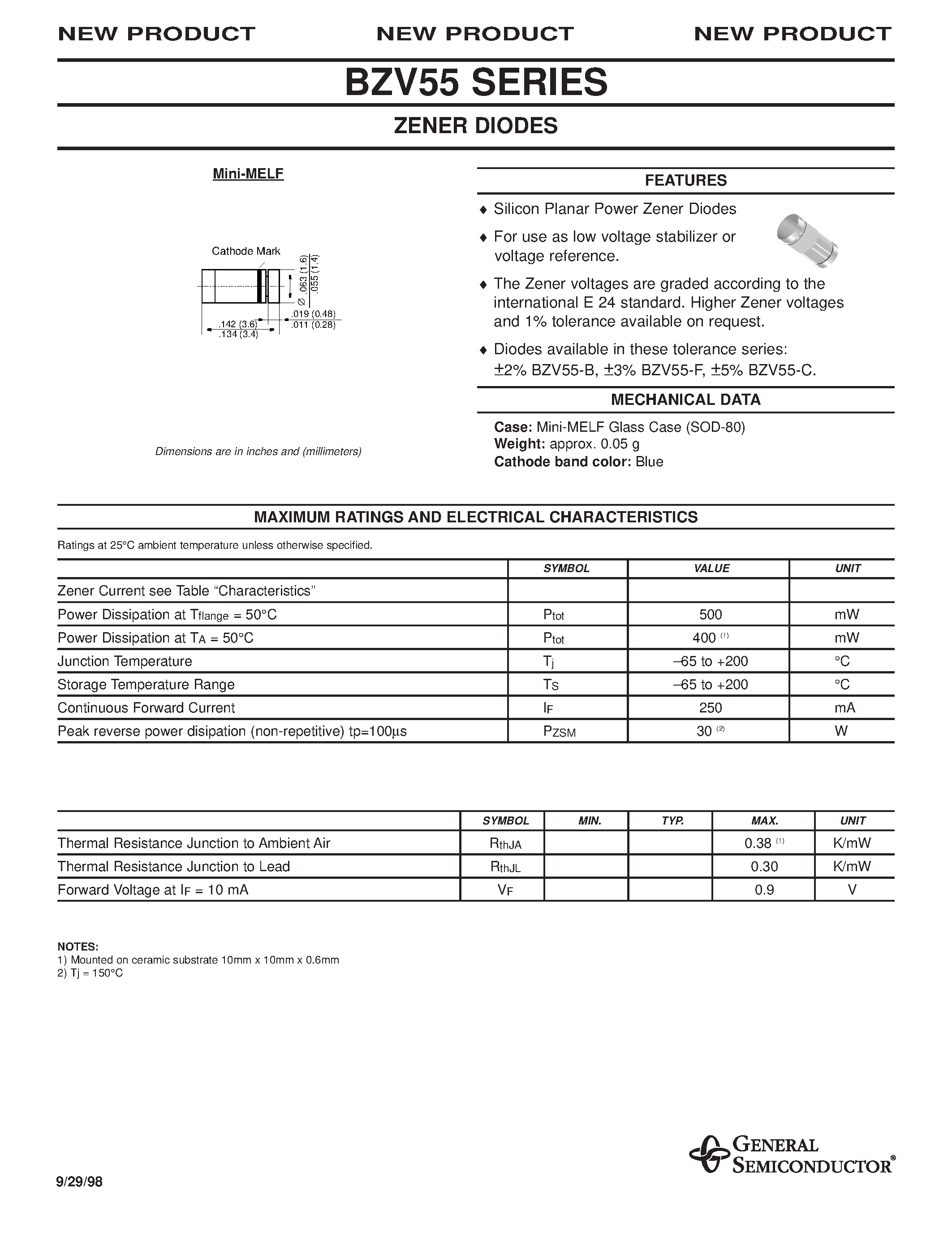 Даташит на микросхему BZV55-F3V0 страница 1 Даташит BZV55-F3V0 - ZENER DIODES страница 1
