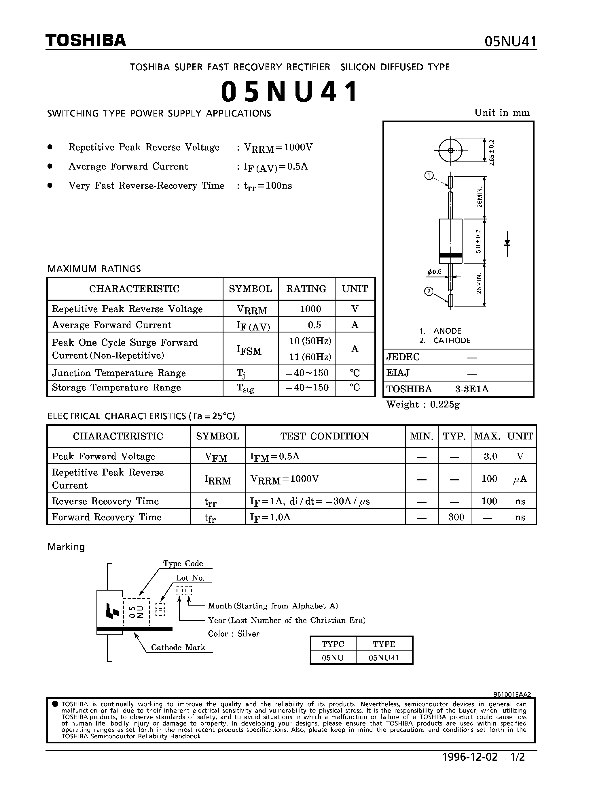 Даташит на микросхему 05NU41 страница 1 Даташит 05NU41 - SUPER FAST RECOVERY ( SWITCHING TYPE POWER SUPPLY APPLICATIONS) страница 1