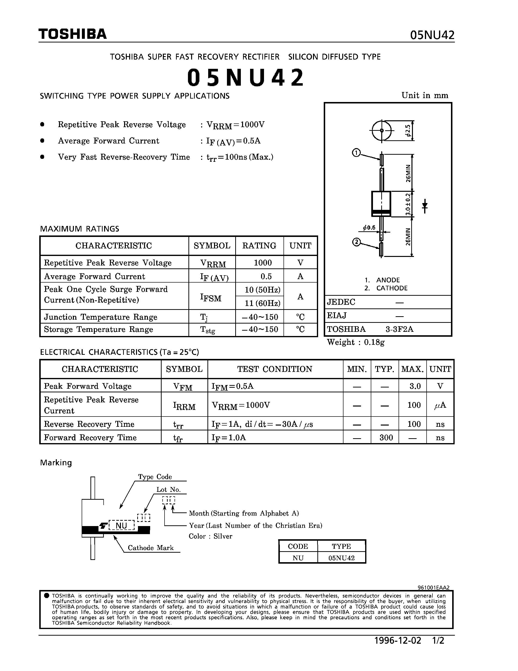 Даташит на микросхему 05NU42 страница 1 Даташит 05NU42 - SUPER FAST RECOVERY (SWITCHING TYPE POWER SUPPLY APPLICATIONS) страница 1