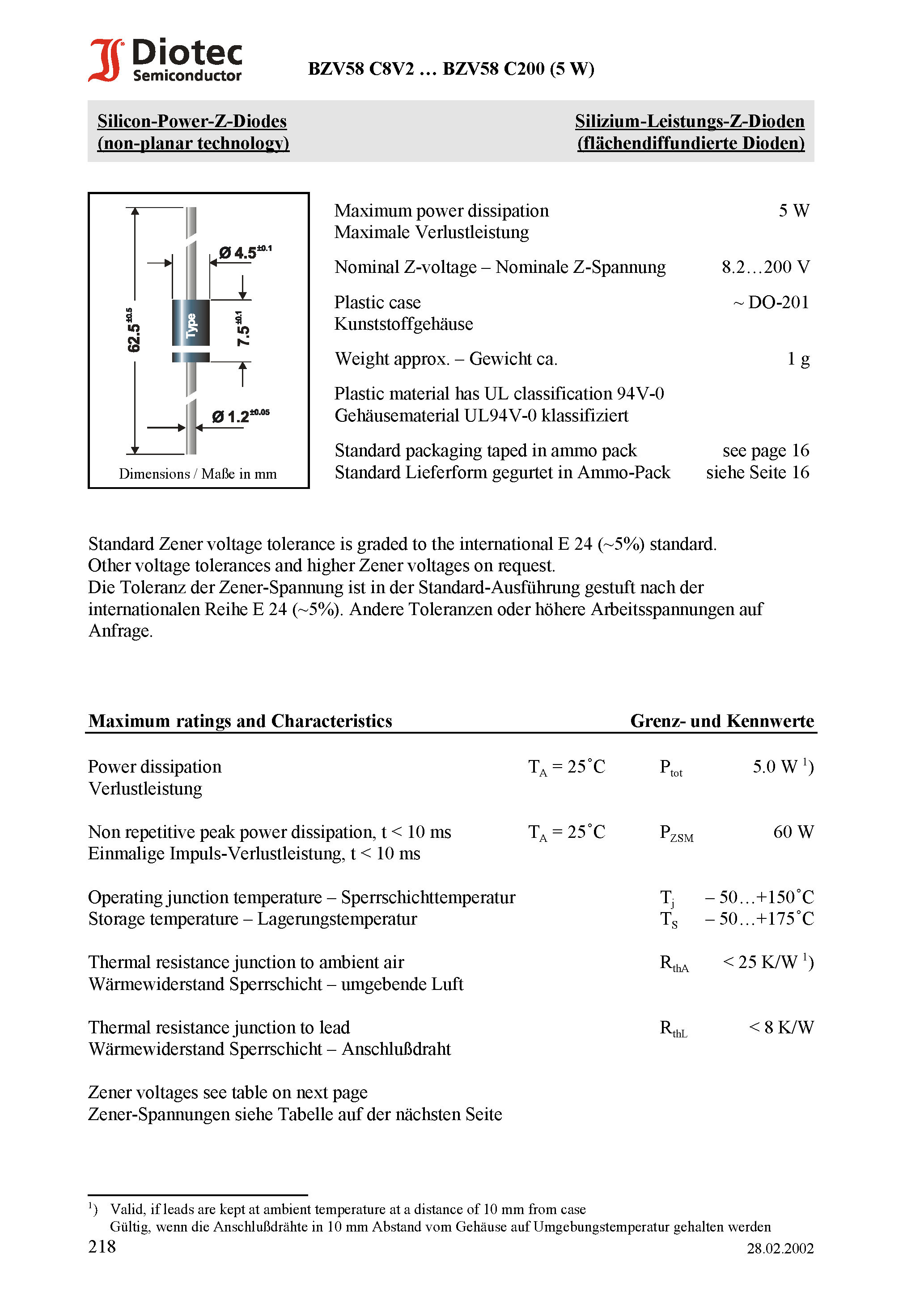 Datasheet BZV58C82 page 1 Datasheet BZV58C82 - Silicon-Power-Z-Diodes (non-planar technology) page 1
