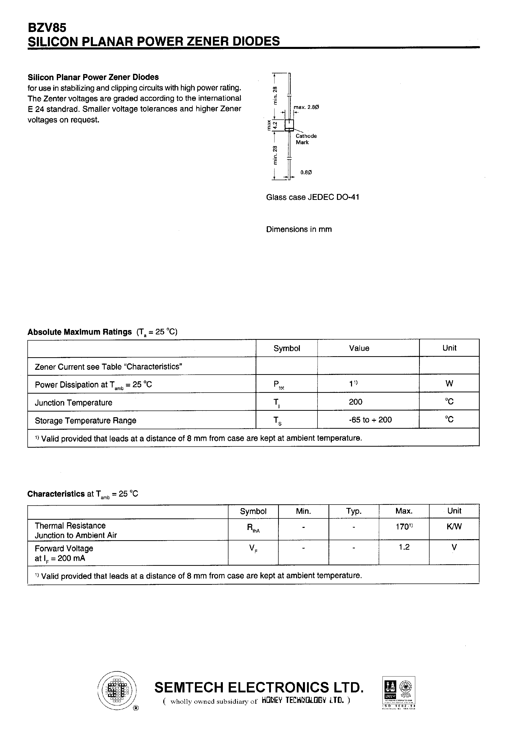 Даташит на микросхему BZV85/C160 страница 1 Даташит BZV85/C160 - SILICON PLANAR POWER ZENER DIODES страница 1