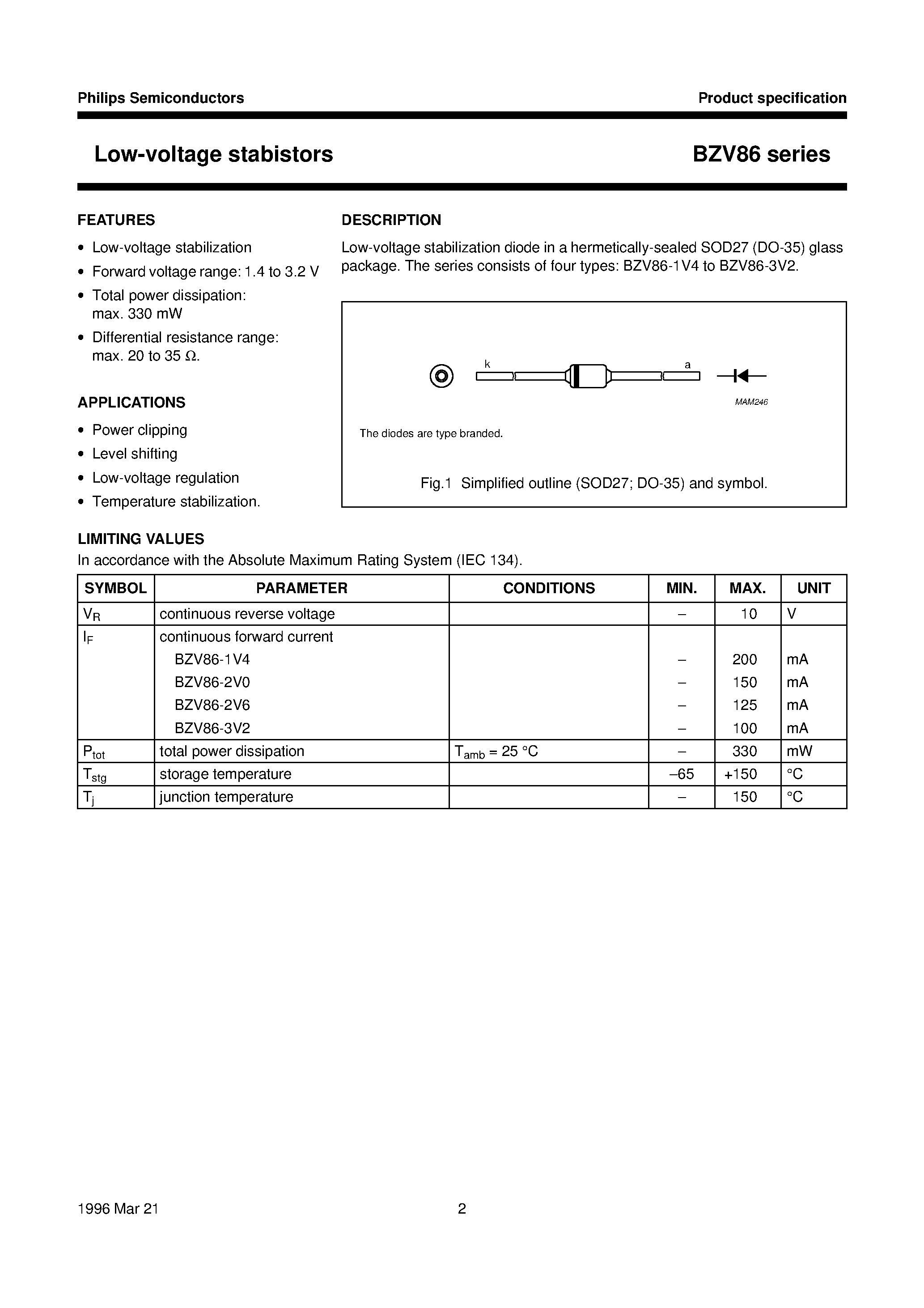 Datasheet BZV86 - Low-voltage stabistors page 2