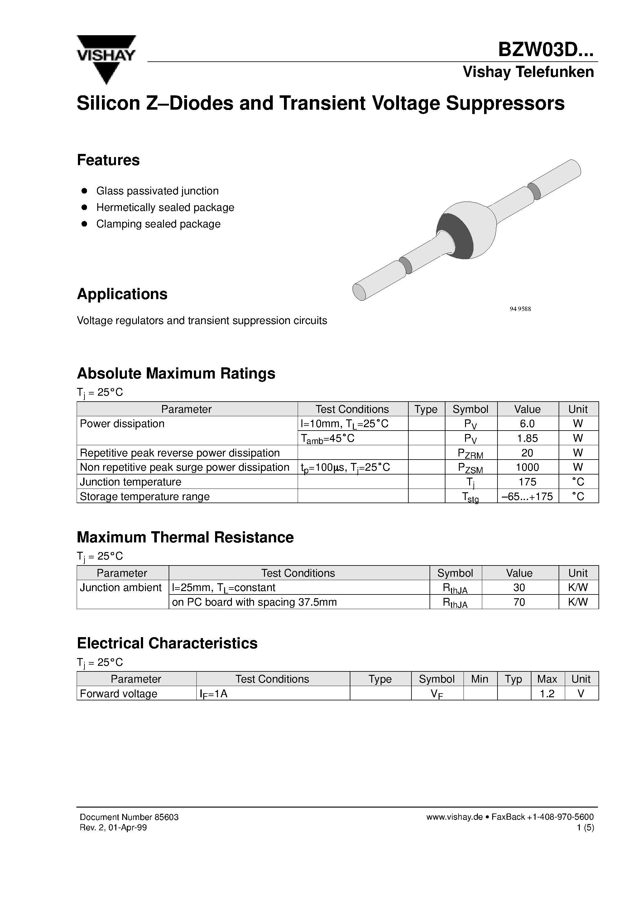 Datasheet BZW03D13 - Silicon Z-Diodes and Transient Voltage Suppressors page 1
