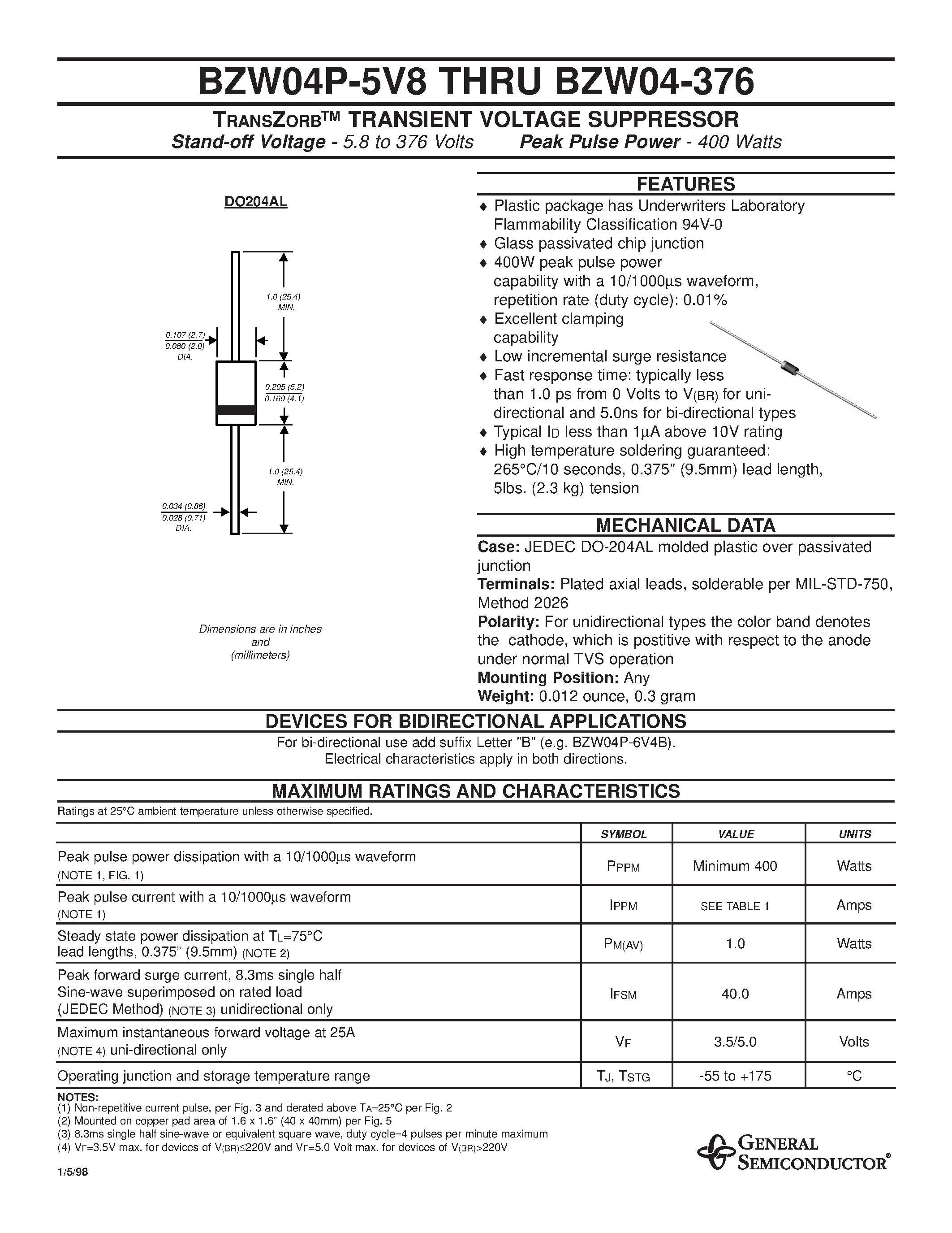 Datasheet BZW04-78 - TRANSZORB TRANSIENT VOLTAGE SUPPRESSOR page 1