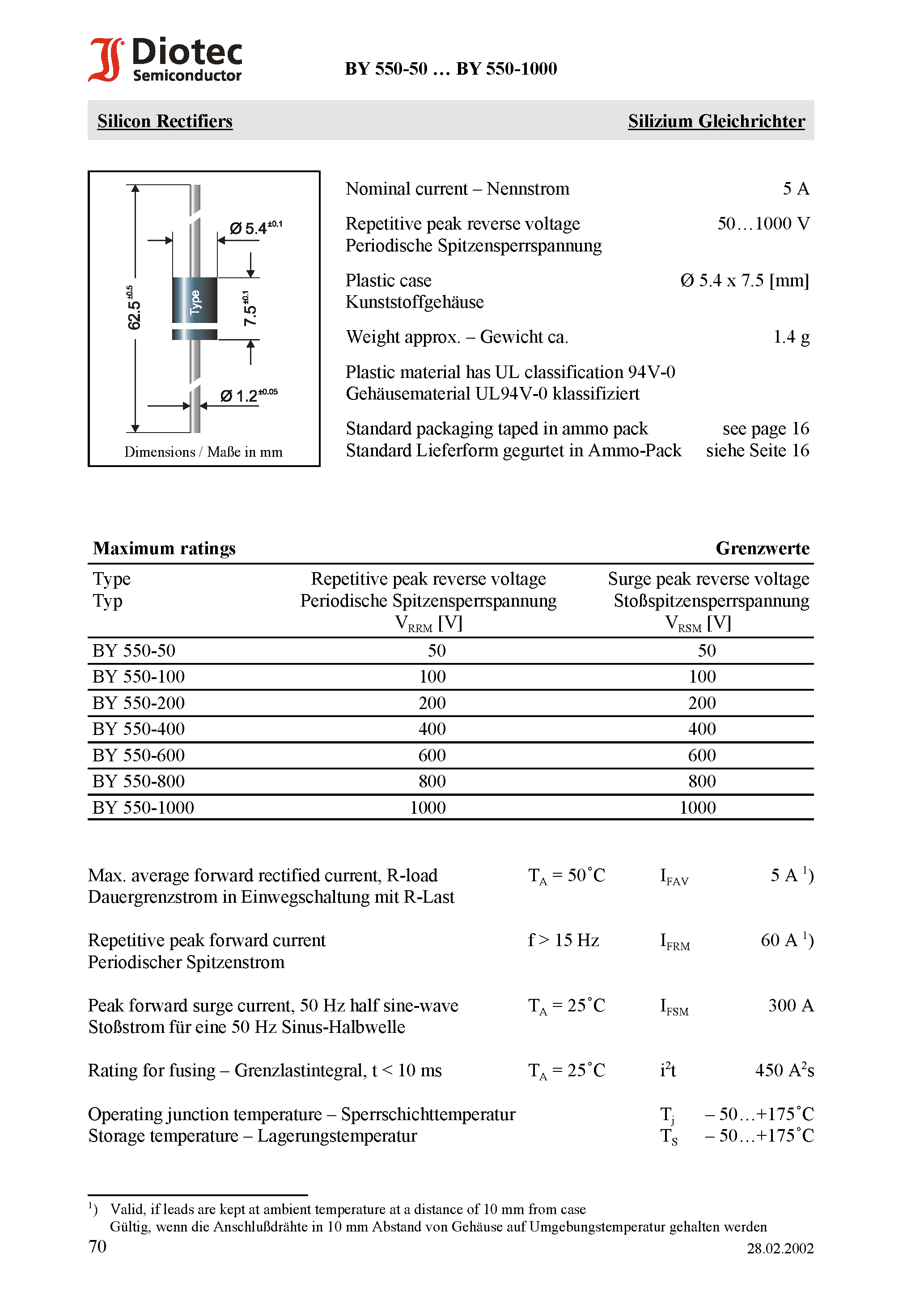 Datasheet BY550-800 page 1 Datasheet BY550-800 - Silicon Rectifiers page 1