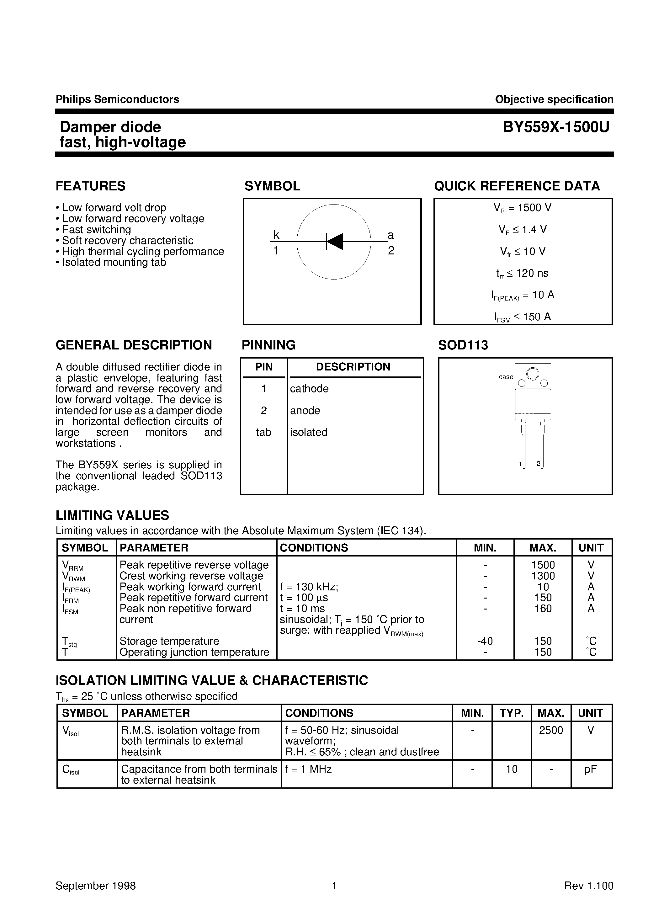 Datasheet BY559X-1500U page 1 Datasheet BY559X-1500U - Damper diode ultra fast/ high-voltage page 1