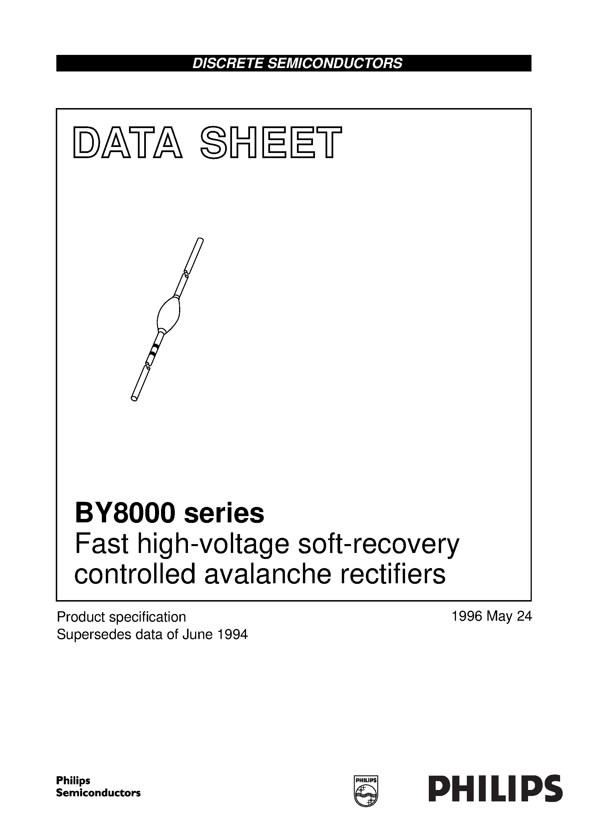 Datasheet BY8004 page 1 Datasheet BY8004 - Fast high-voltage soft-recovery controlled avalanche rectifiers page 1