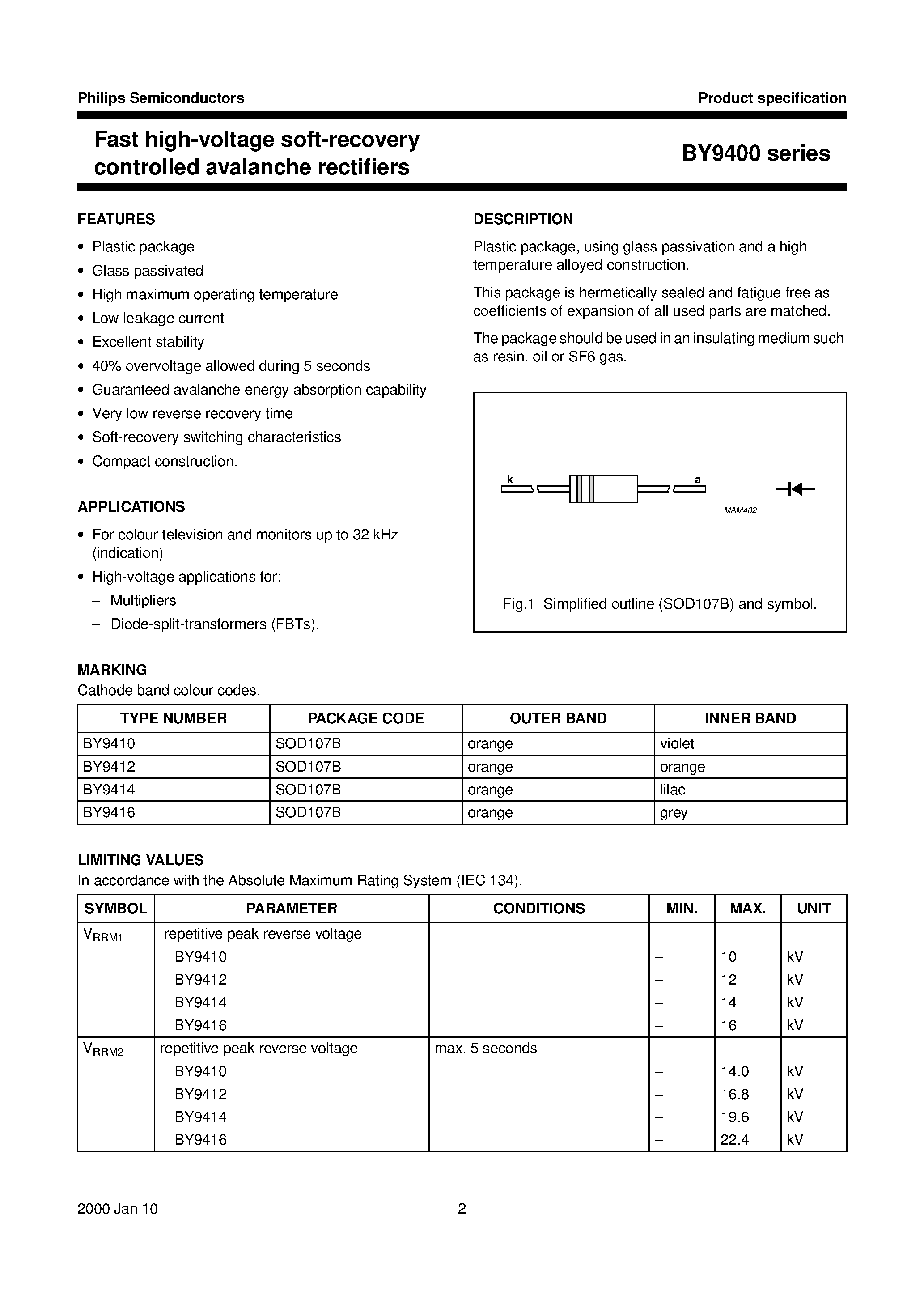 Datasheet BY9400 - Fast high-voltage soft-recovery controlled avalanche rectifiers page 2