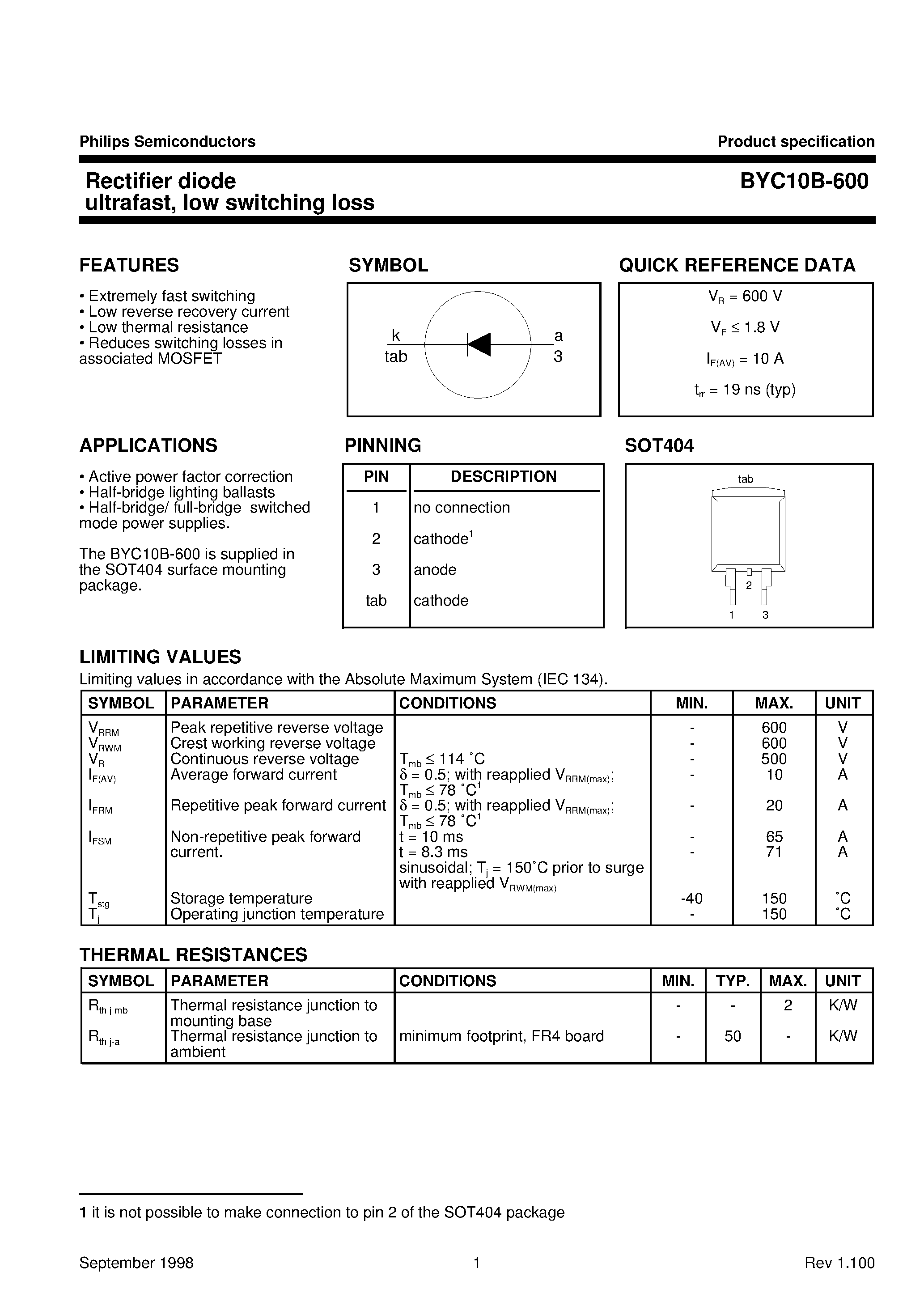 Datasheet BYC10B-600 page 1 Datasheet BYC10B-600 - Rectifier diode ultrafast/ low switching loss page 1