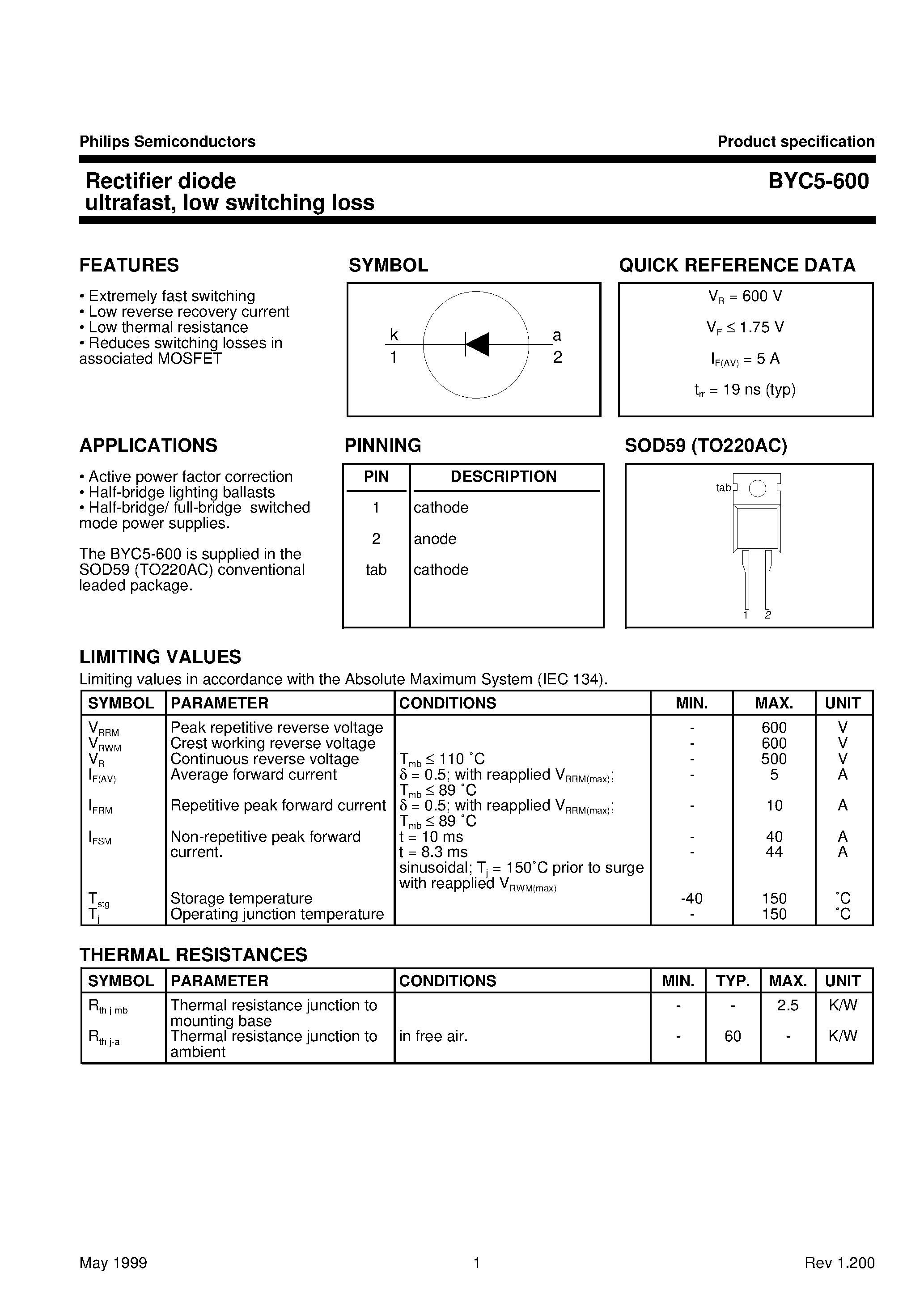 Datasheet BYC5-600 page 1 Datasheet BYC5-600 - Rectifier diode ultrafast/ low switching loss page 1