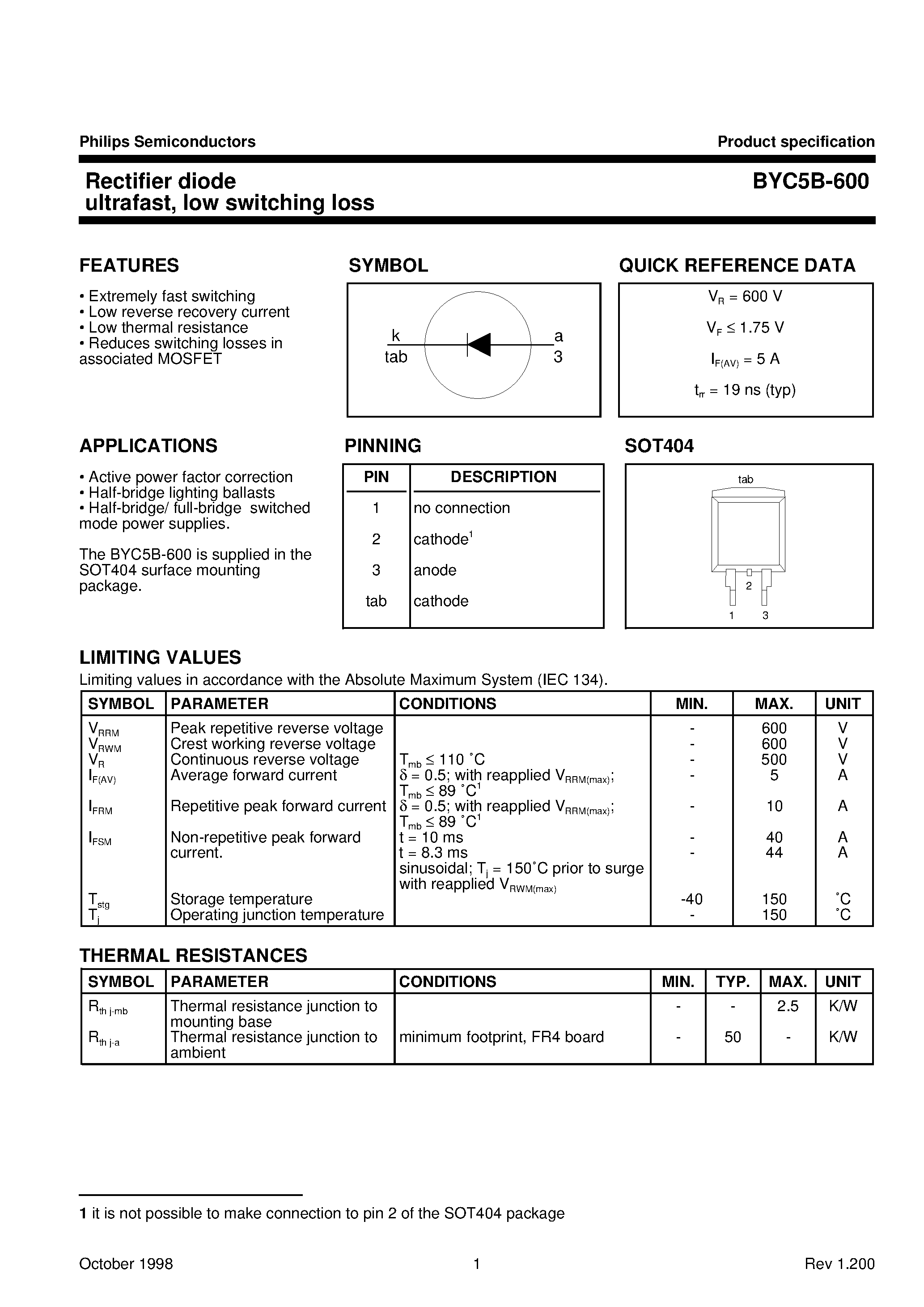 Datasheet BYC5B-600 - Rectifier diode ultrafast/ low switching loss page 1