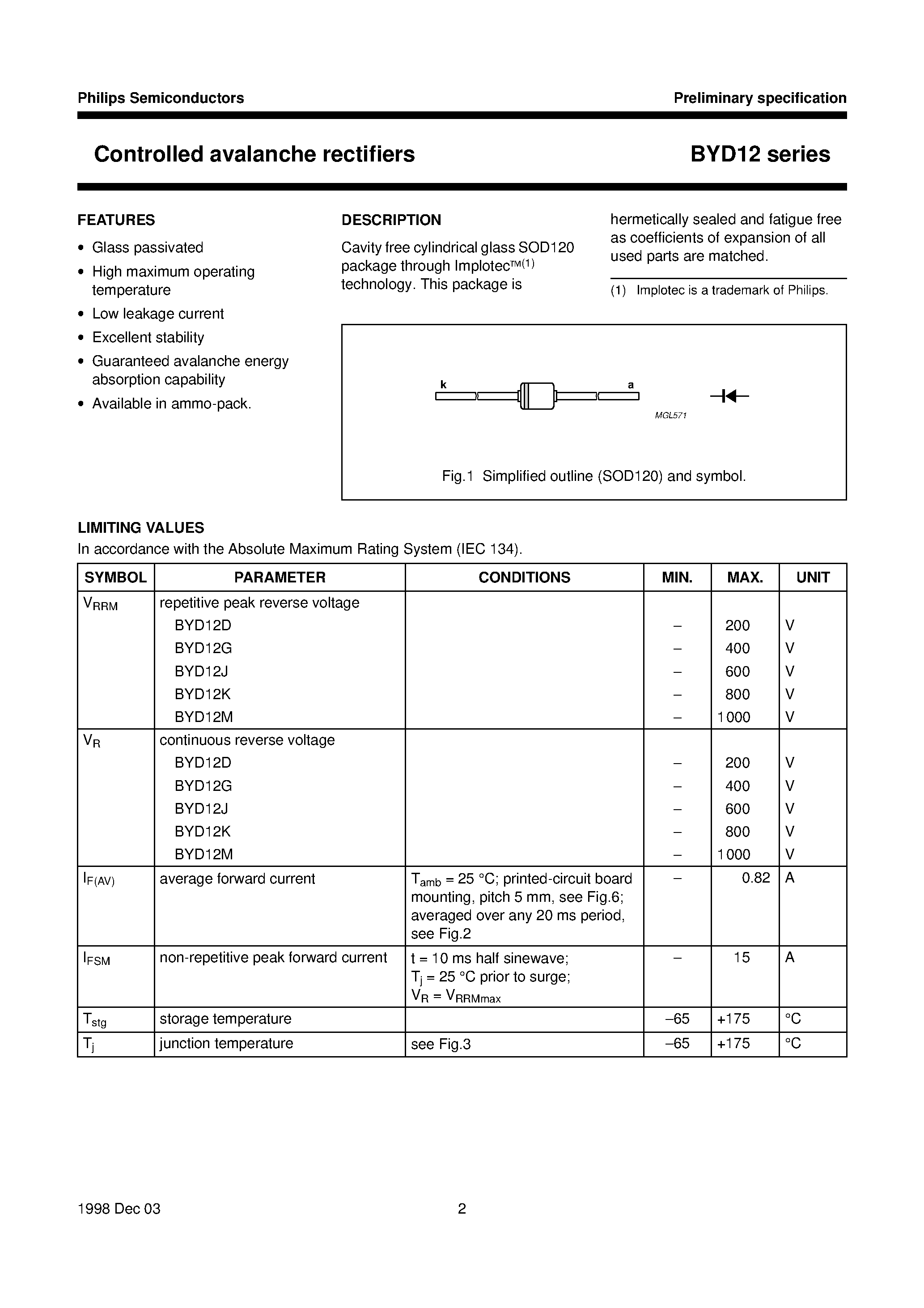 Datasheet BYD12M page 2 Datasheet BYD12M - Controlled avalanche rectifiers page 2