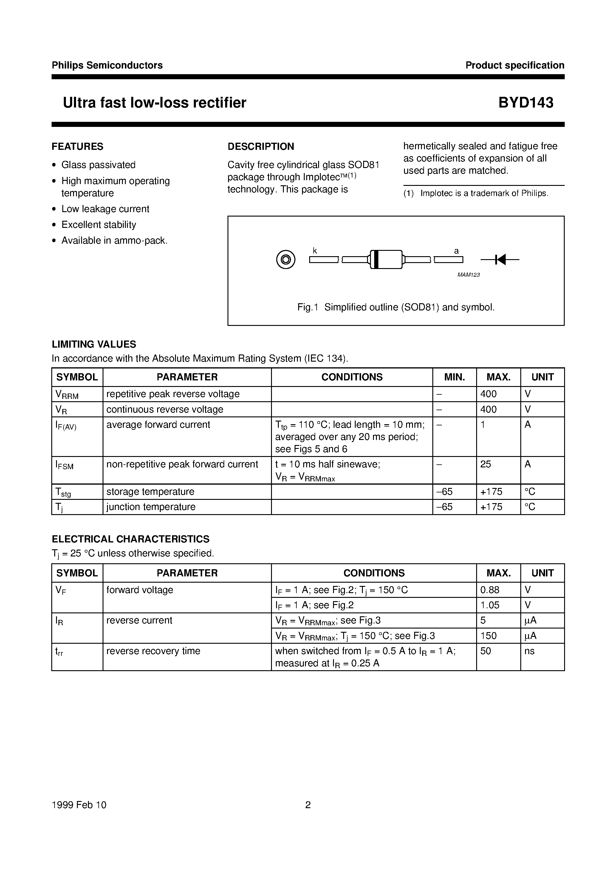 Datasheet BYD143 page 2 Datasheet BYD143 - Ultra fast low-loss rectifier page 2