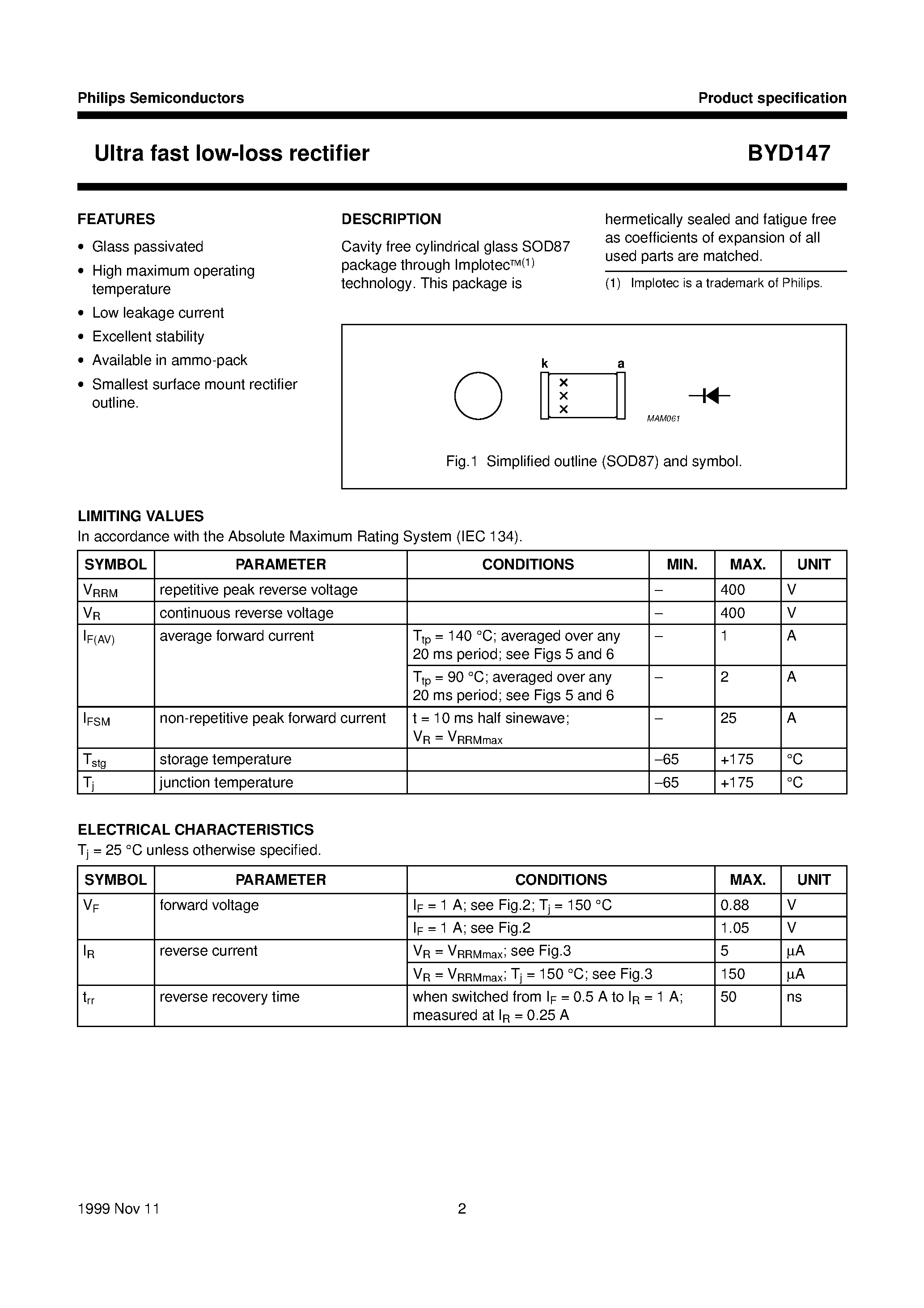 Datasheet BYD147 page 2 Datasheet BYD147 - Ultra fast low-loss rectifier page 2