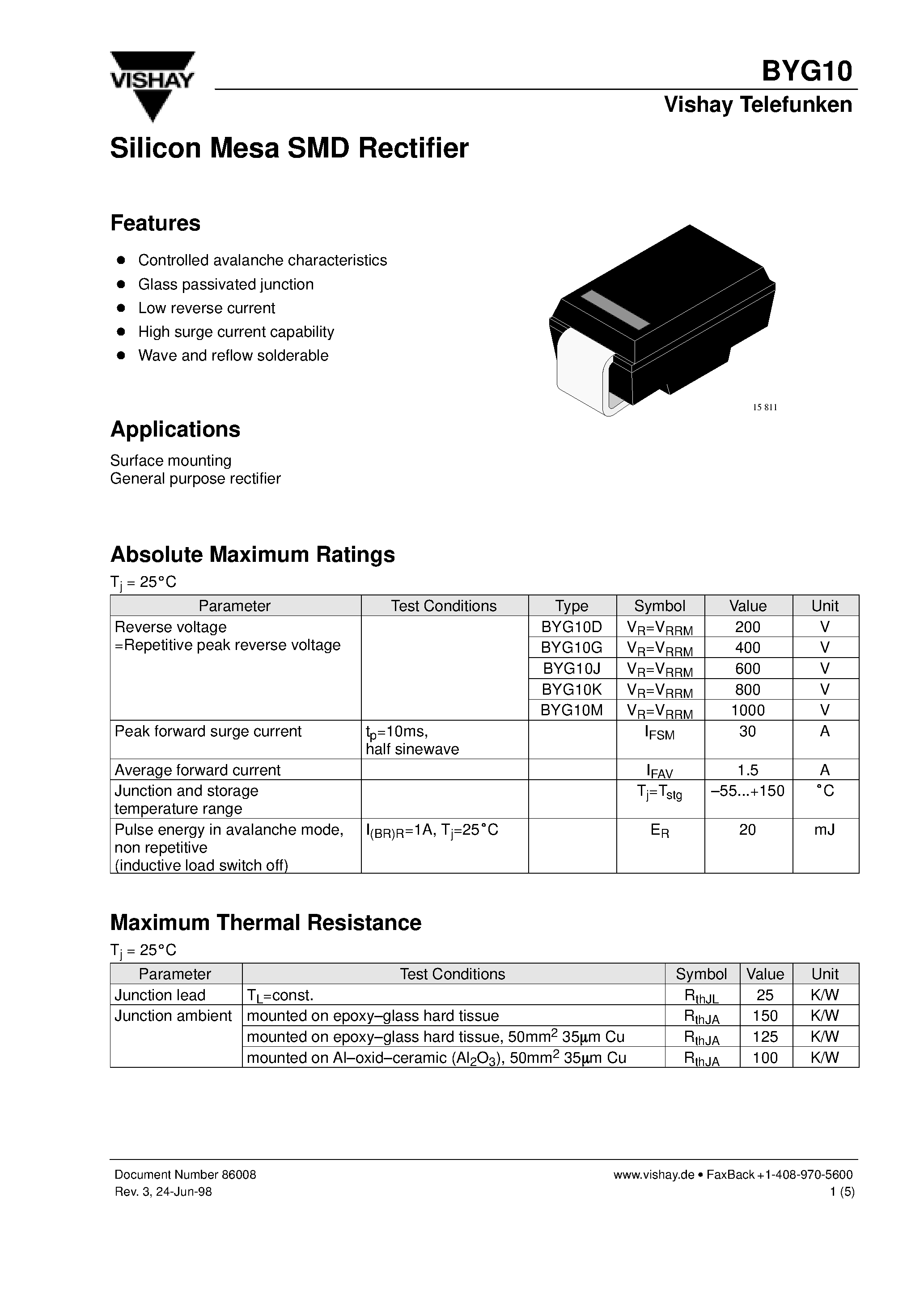 Datasheet BYG10M page 1 Datasheet BYG10M - Silicon Mesa SMD Rectifier page 1
