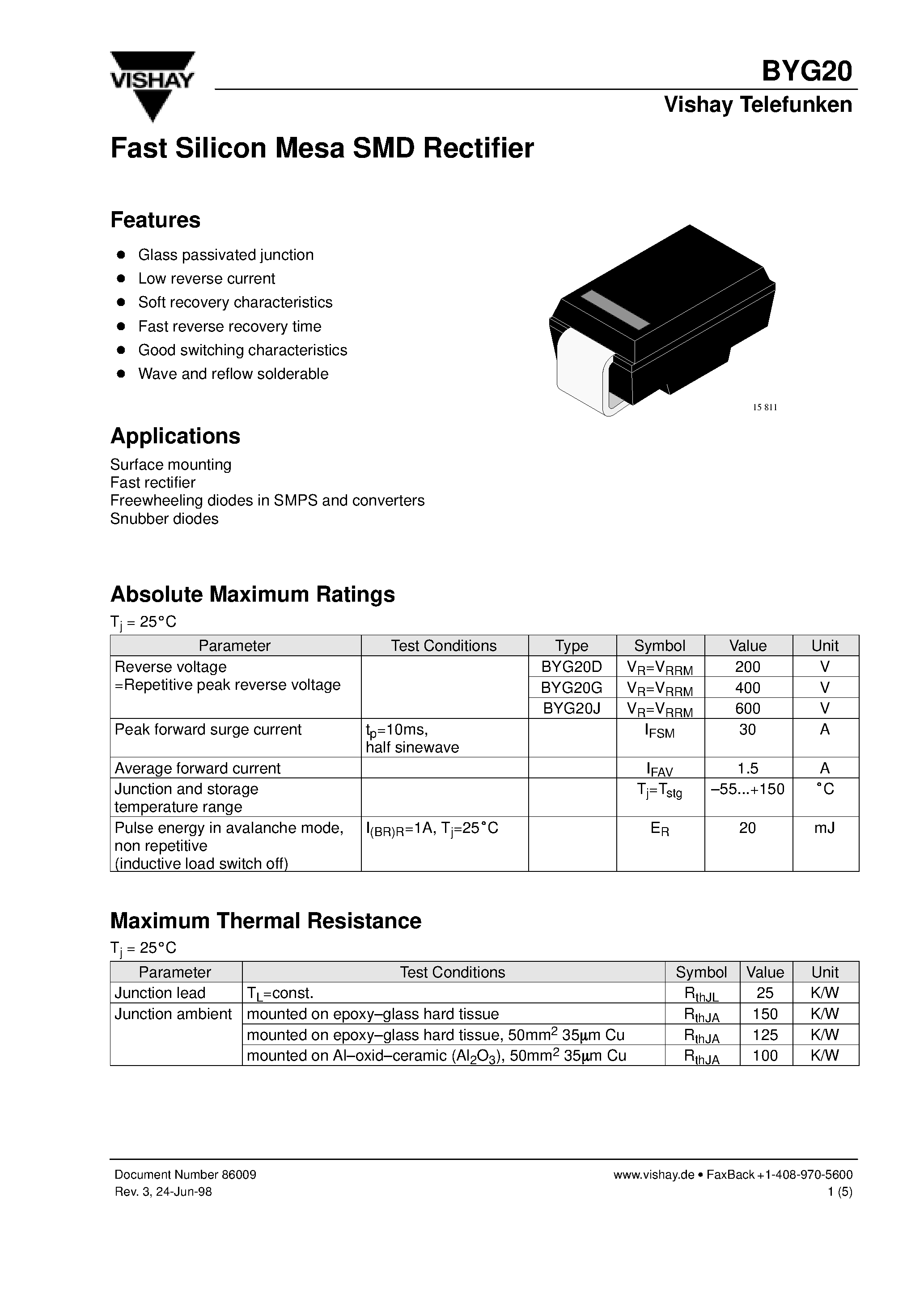 Datasheet BYG20J page 1 Datasheet BYG20J - Fast Silicon Mesa SMD Rectifier page 1