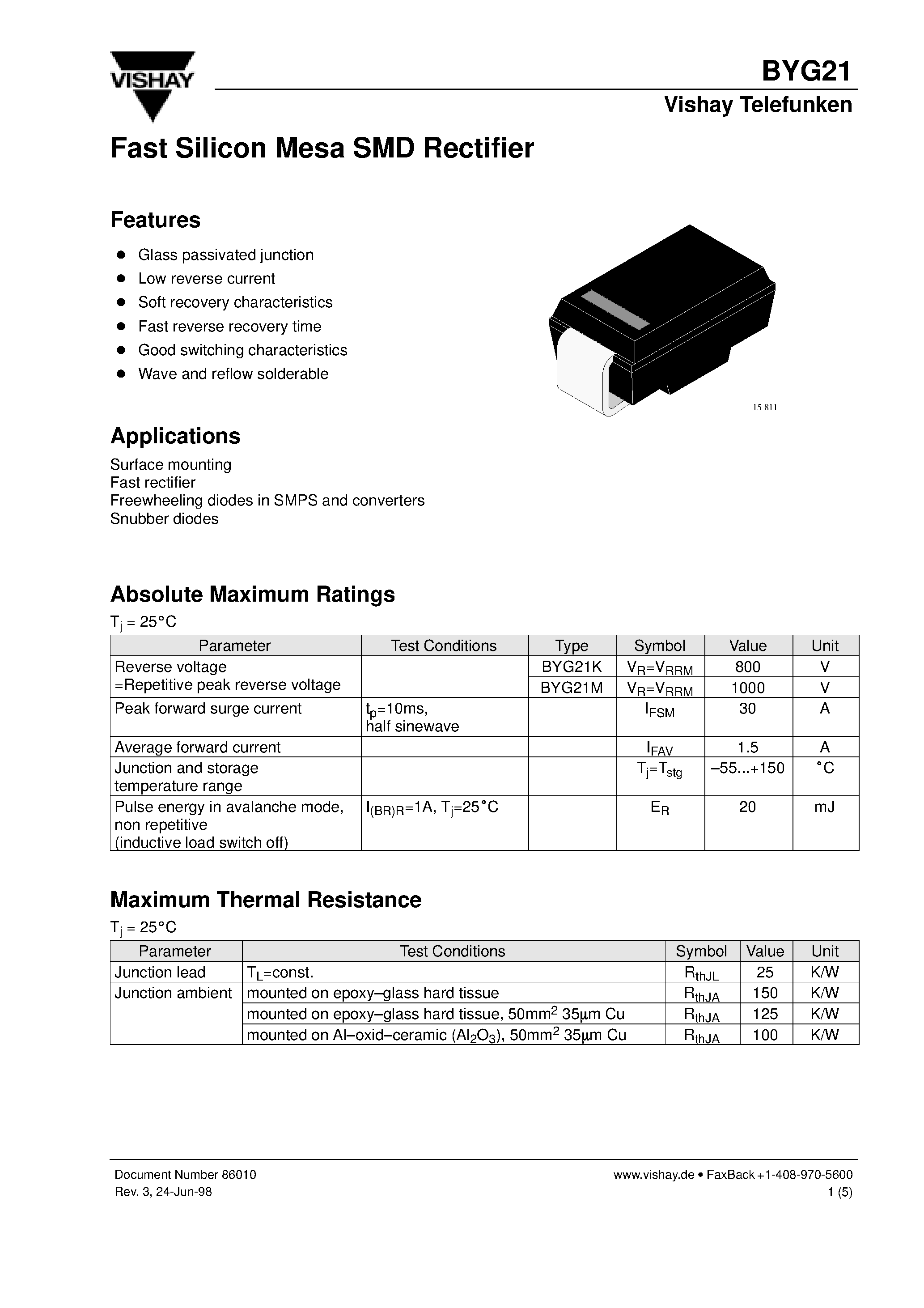 Datasheet BYG21K - Fast Silicon Mesa SMD Rectifier page 1