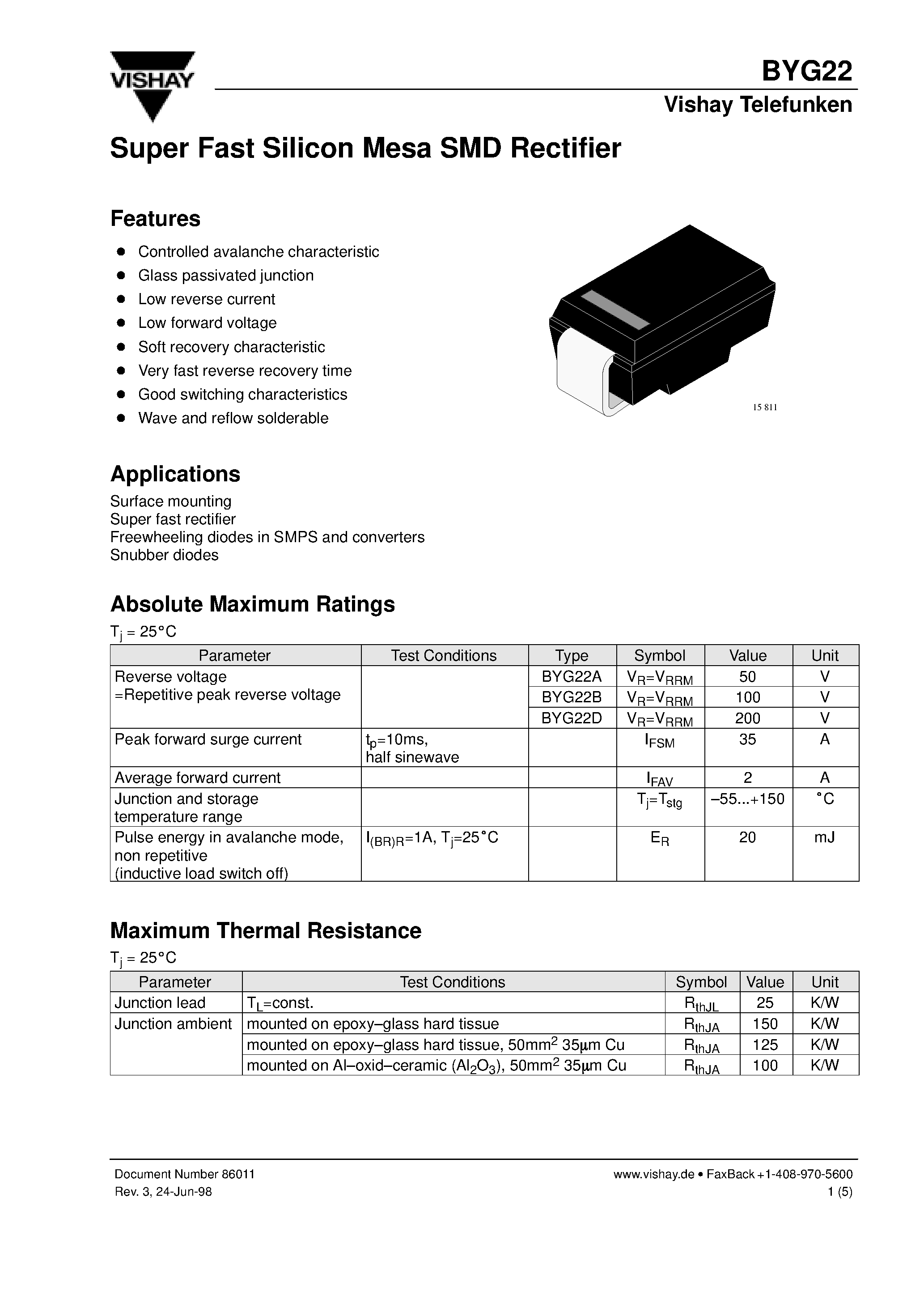 Datasheet BYG22 page 1 Datasheet BYG22 - Super Fast Silicon Mesa SMD Rectifier page 1