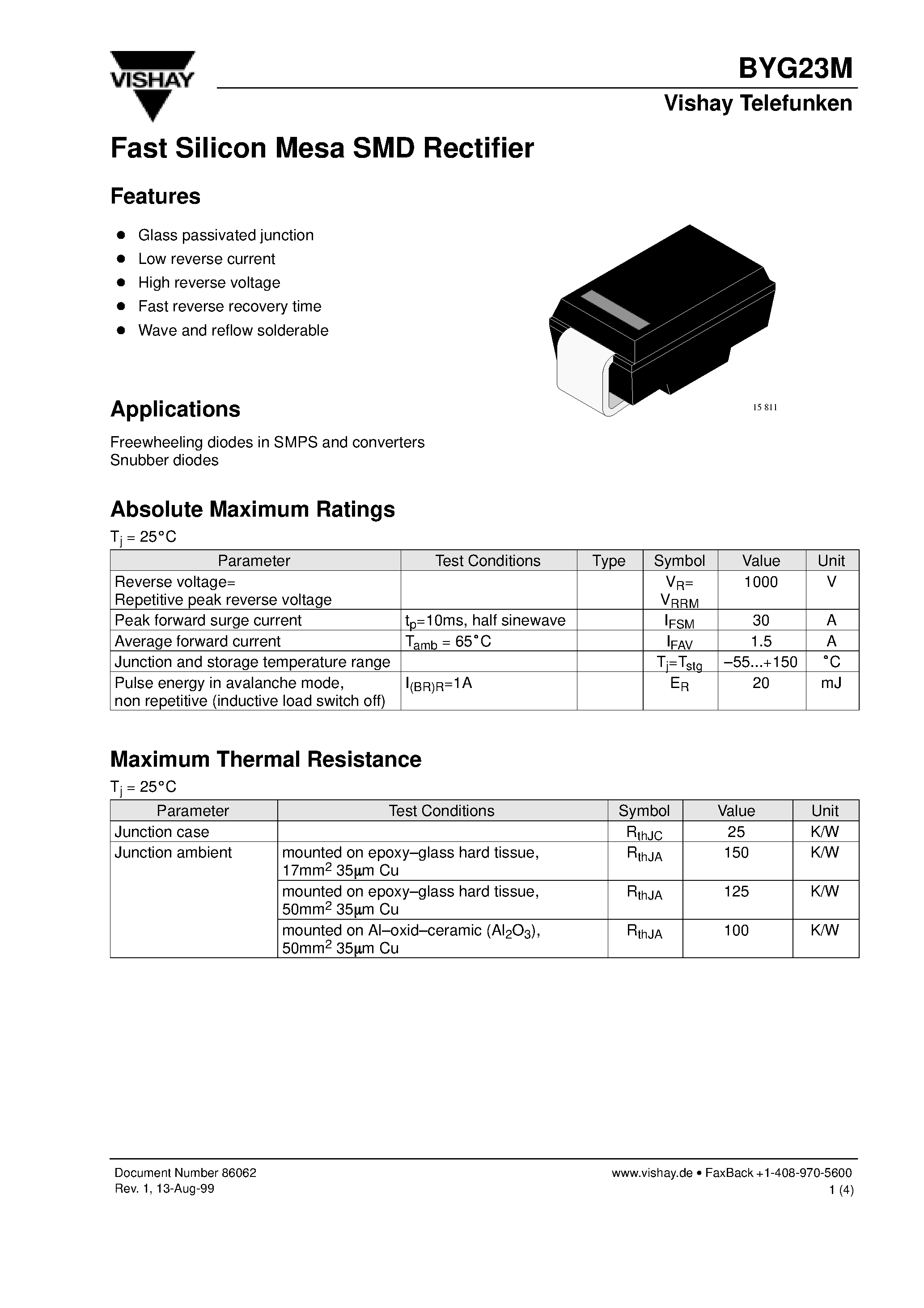 Datasheet BYG23M page 1 Datasheet BYG23M - Fast Silicon Mesa SMD Rectifier page 1