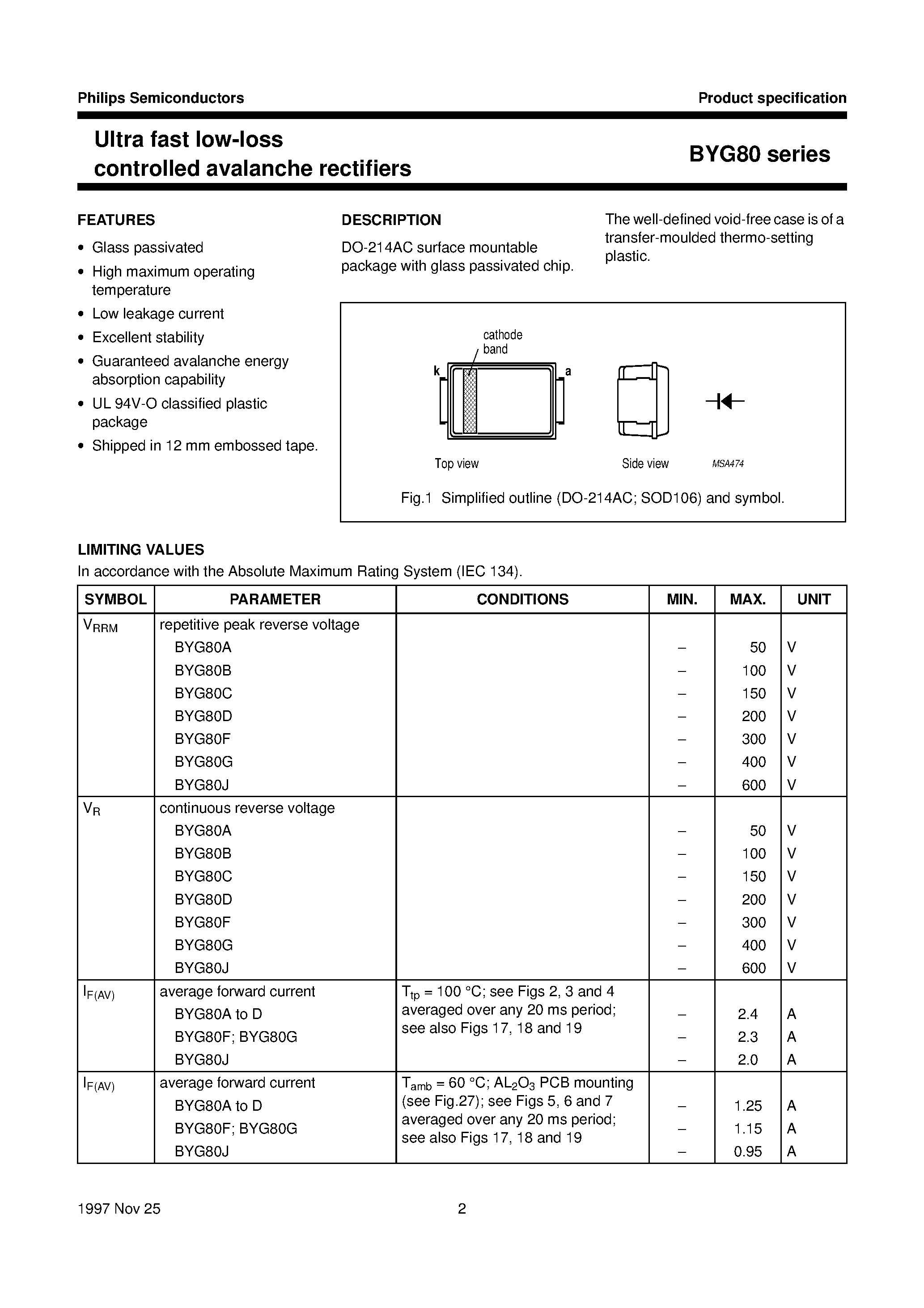 Datasheet BYG80C page 2 Datasheet BYG80C - Ultra fast low-loss controlled avalanche rectifiers page 2