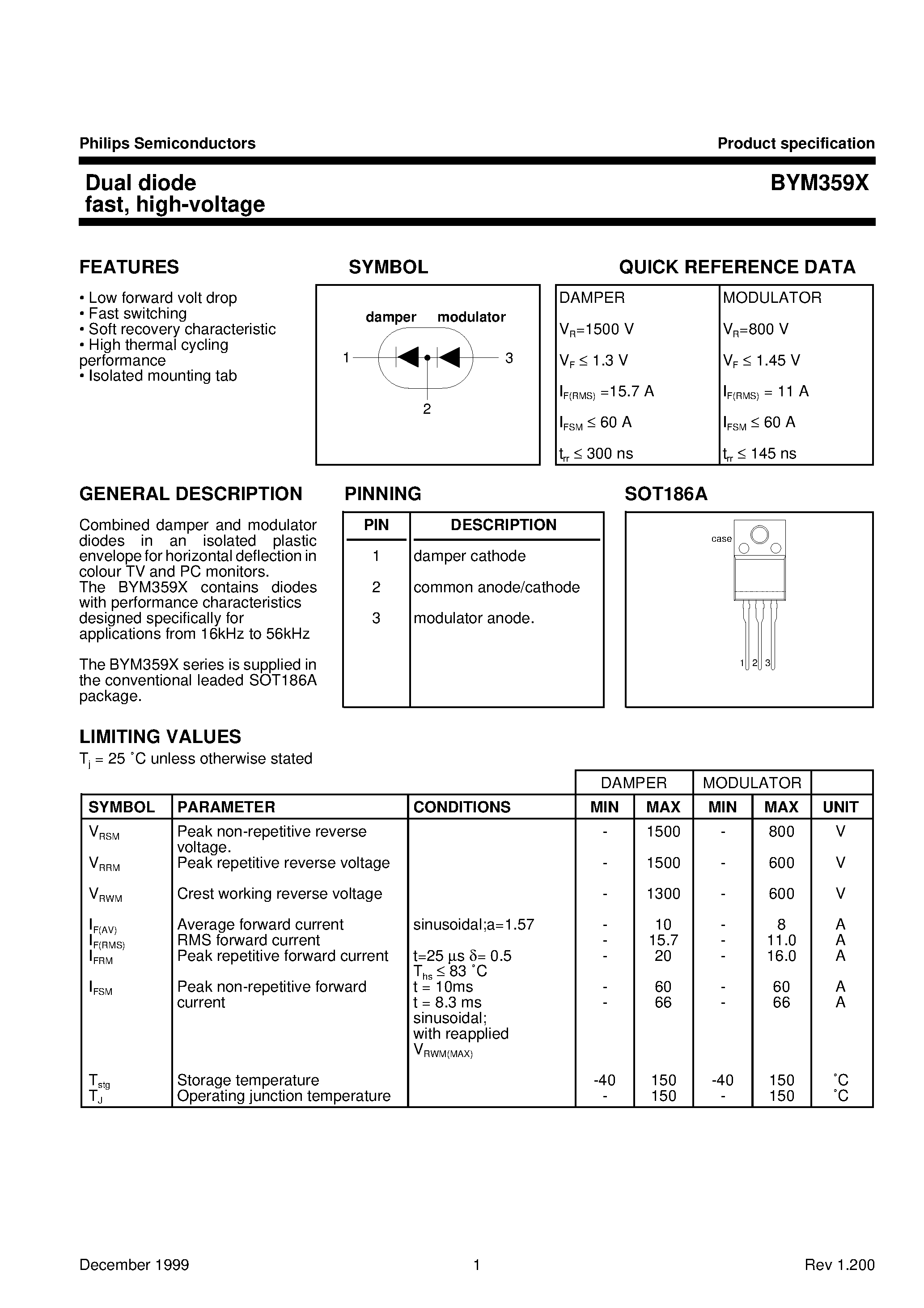Datasheet BYM359X page 1 Datasheet BYM359X - Dual diode fast/ high-voltage page 1