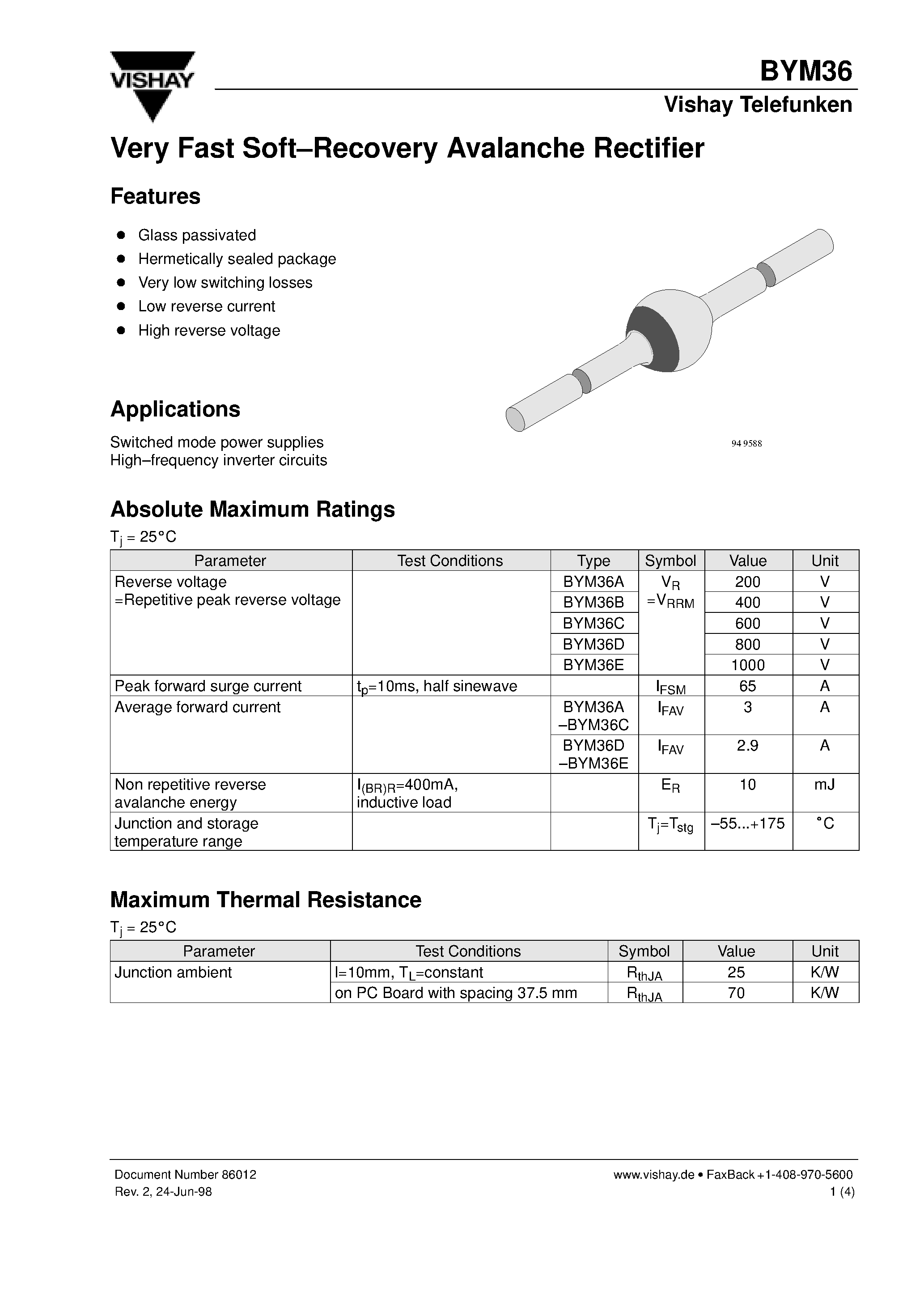 Даташит на микросхему BYM36 страница 1 Даташит BYM36 - Very Fast Soft-Recovery Avalanche Rectifier страница 1