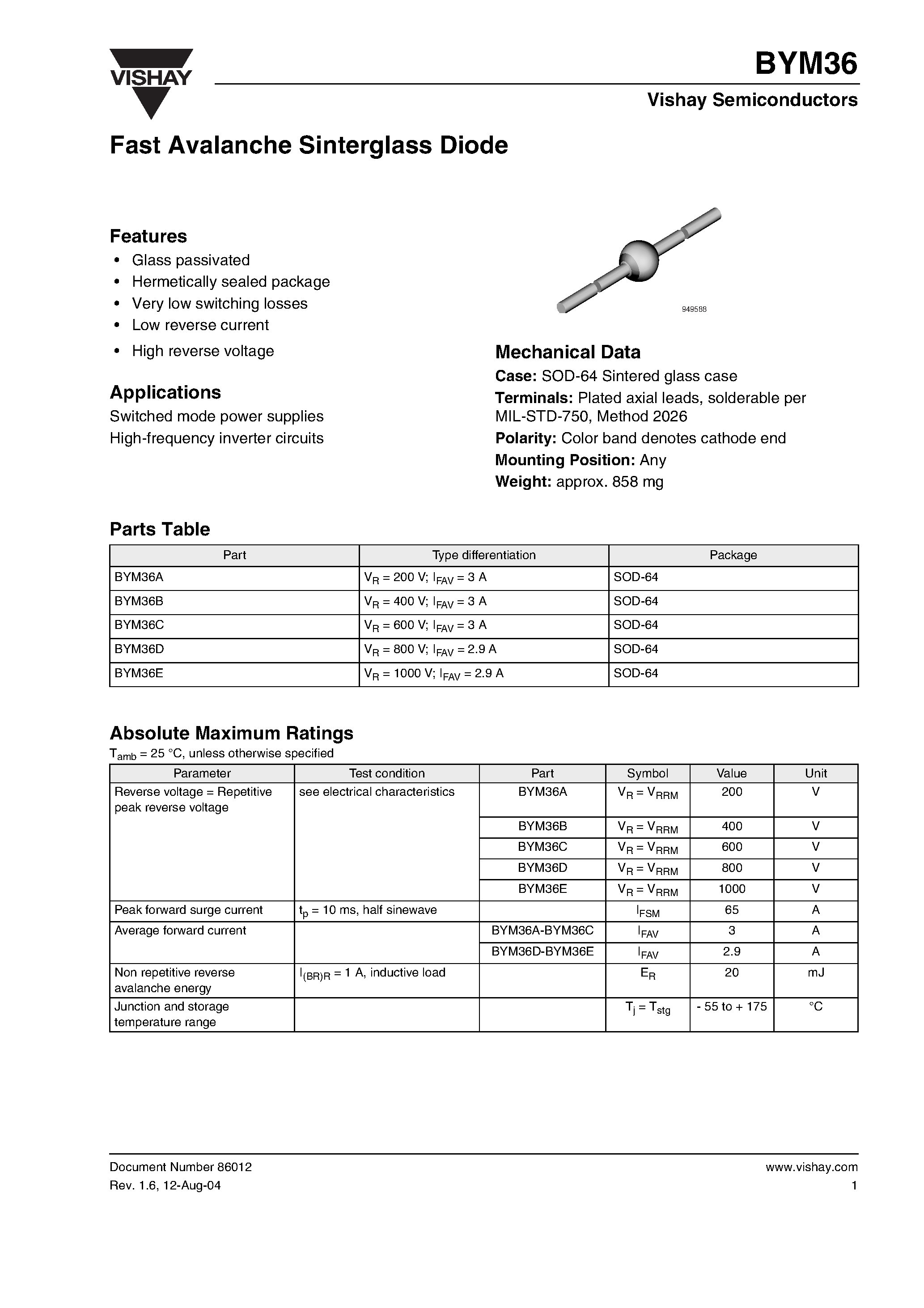 Datasheet BYM36C page 1 Datasheet BYM36C - Fast Avalanche Sinterglass Diode page 1