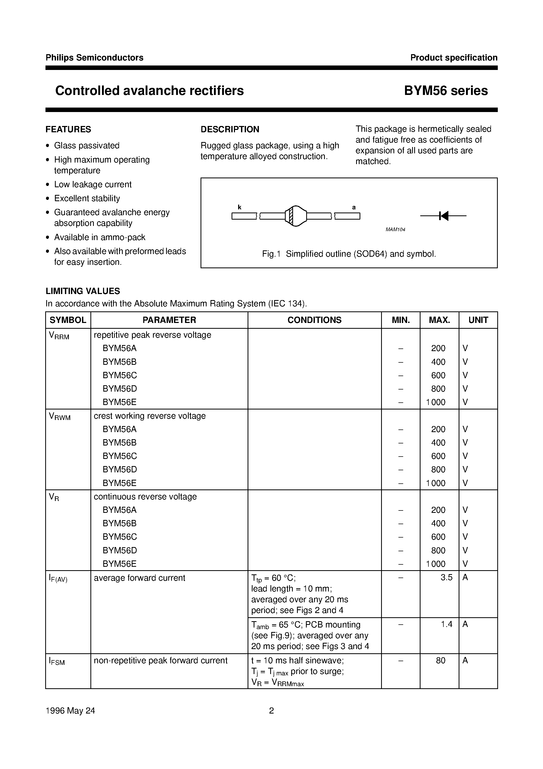 Datasheet BYM56D page 2 Datasheet BYM56D - Controlled avalanche rectifiers page 2